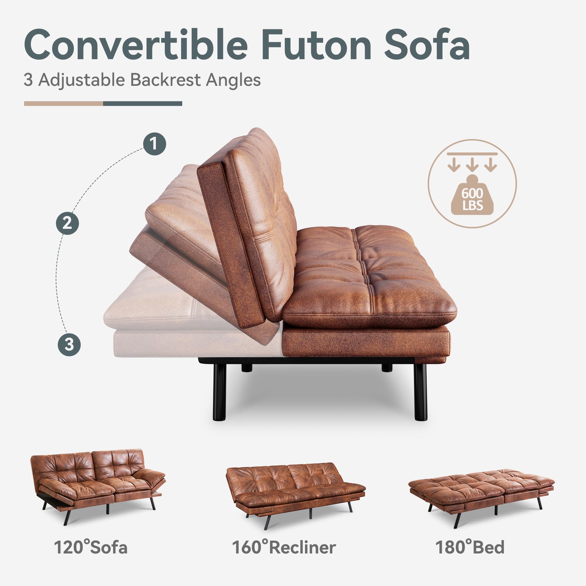 71" Futon Sofa Bed - Convertible Couch with Memory Foam