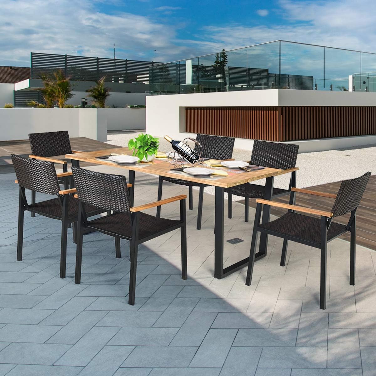 7-Piece Outdoor Dining Set with Acacia Wood Table and Rattan Chairs