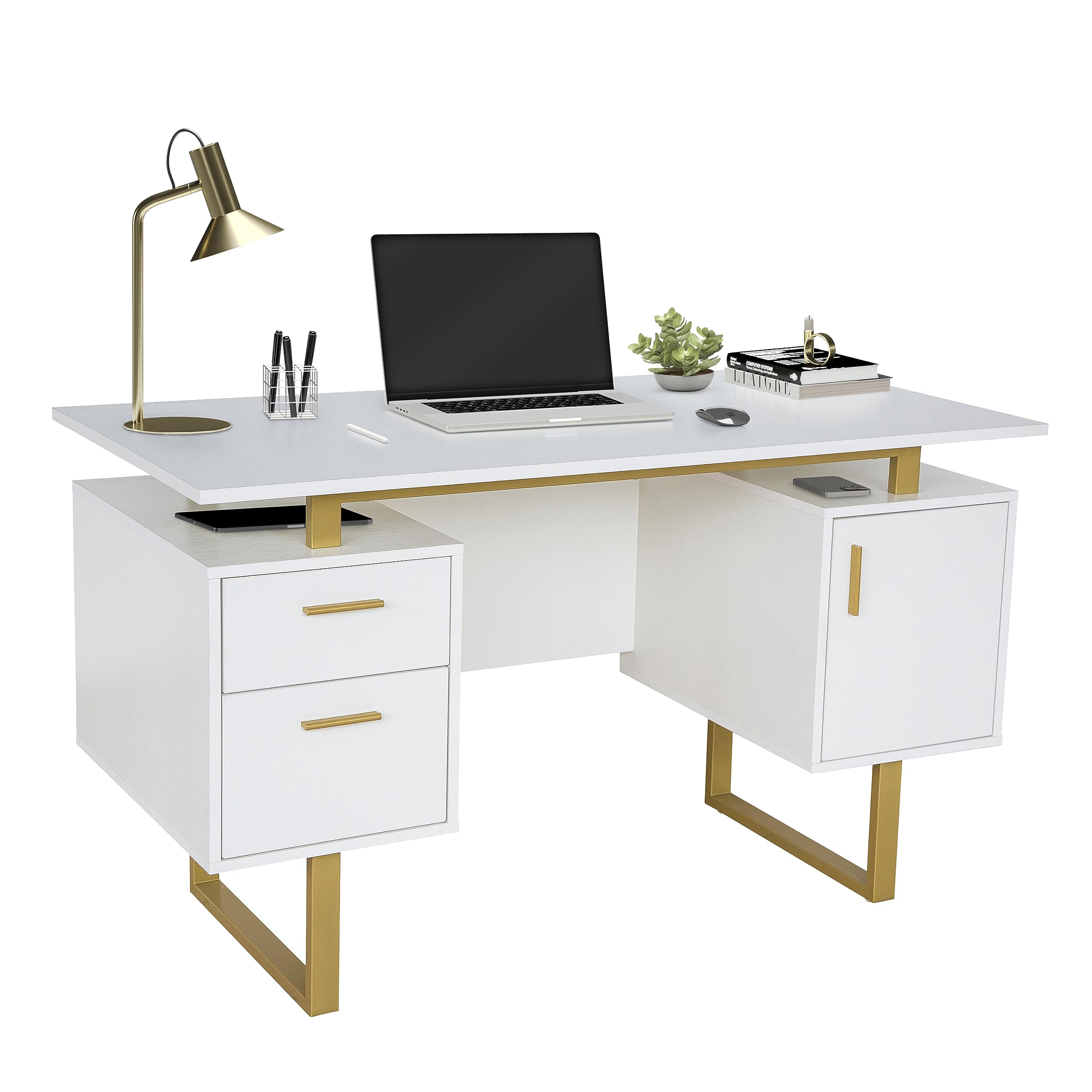 51" Office Desk with Storage Drawers and Cabinet