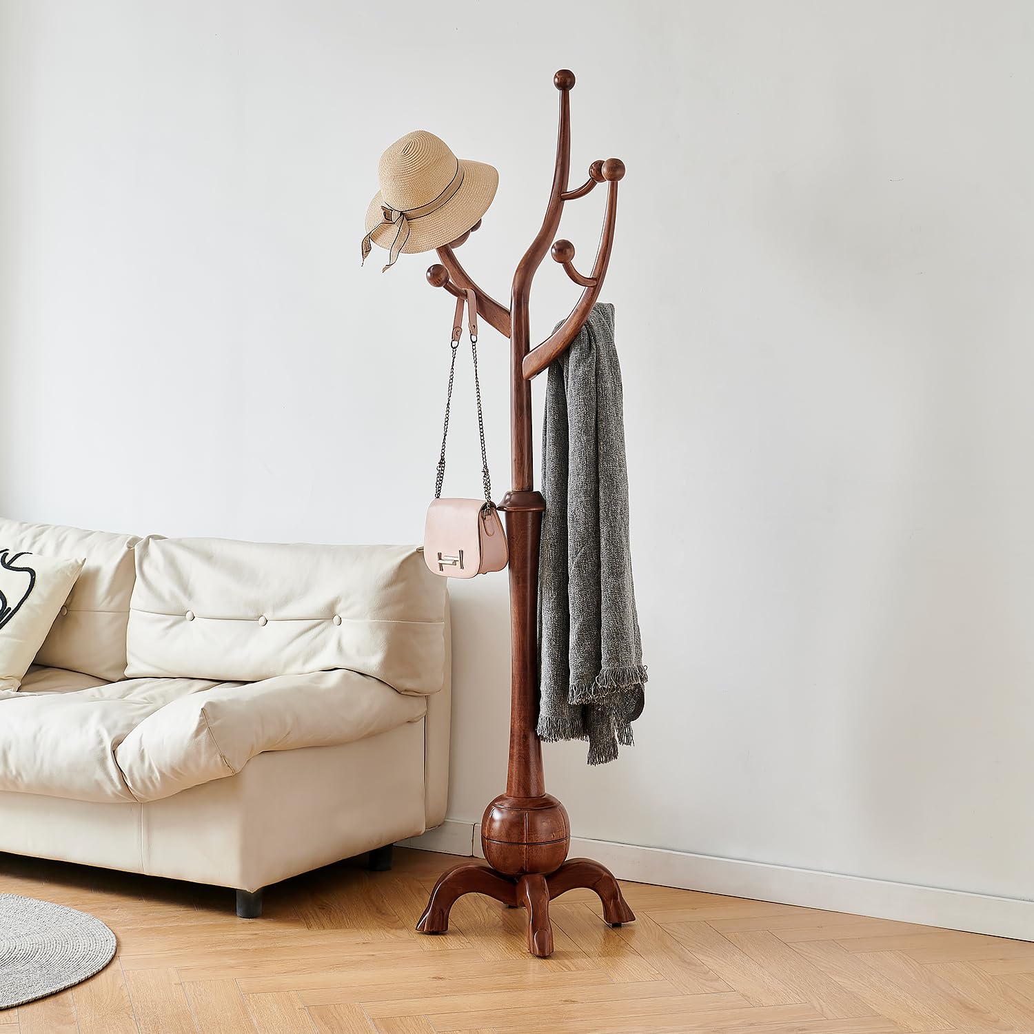 Freestanding Wood Coat Rack with Tree Branch Hooks