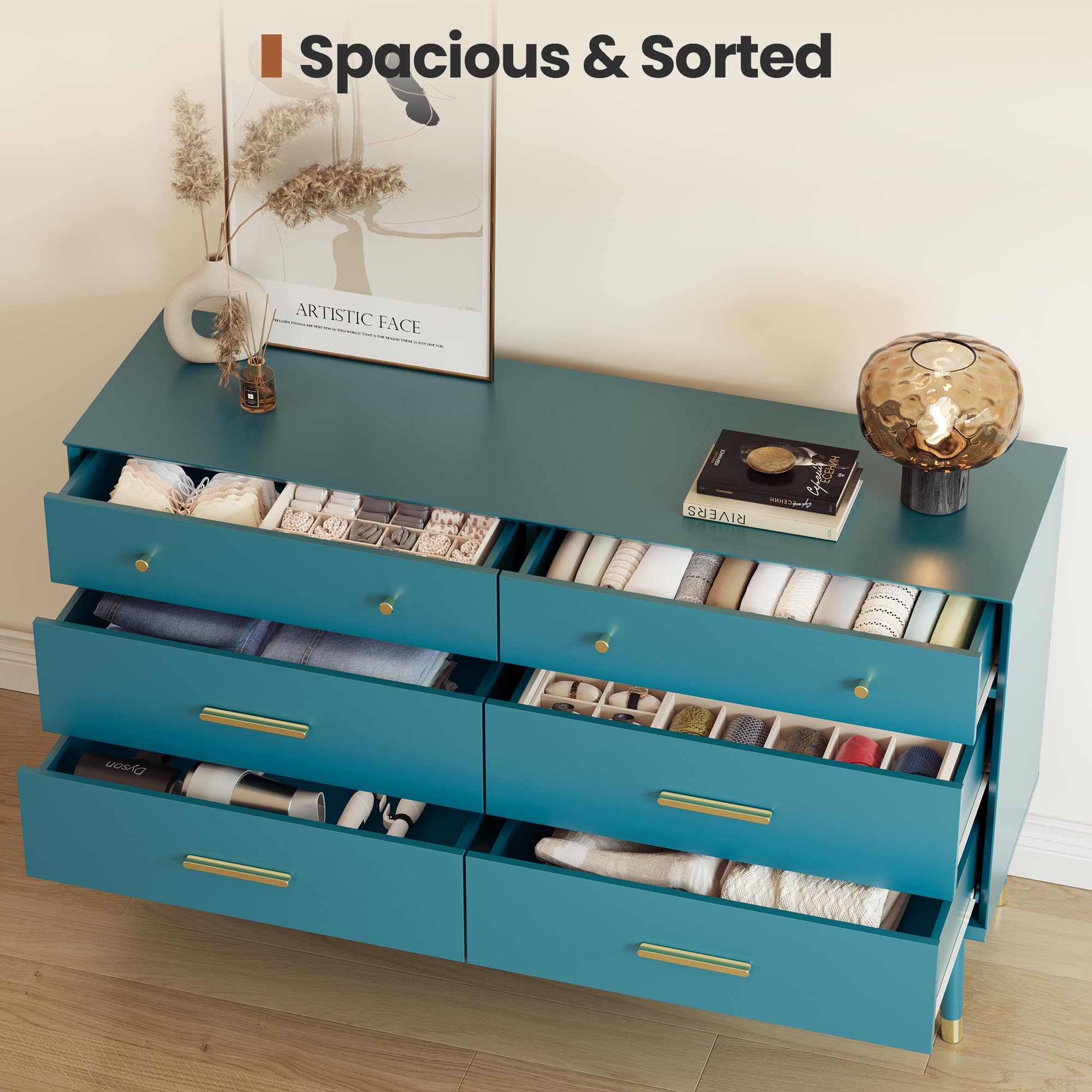 Teal Blue 6 Drawer Dresser with Gold Handles
