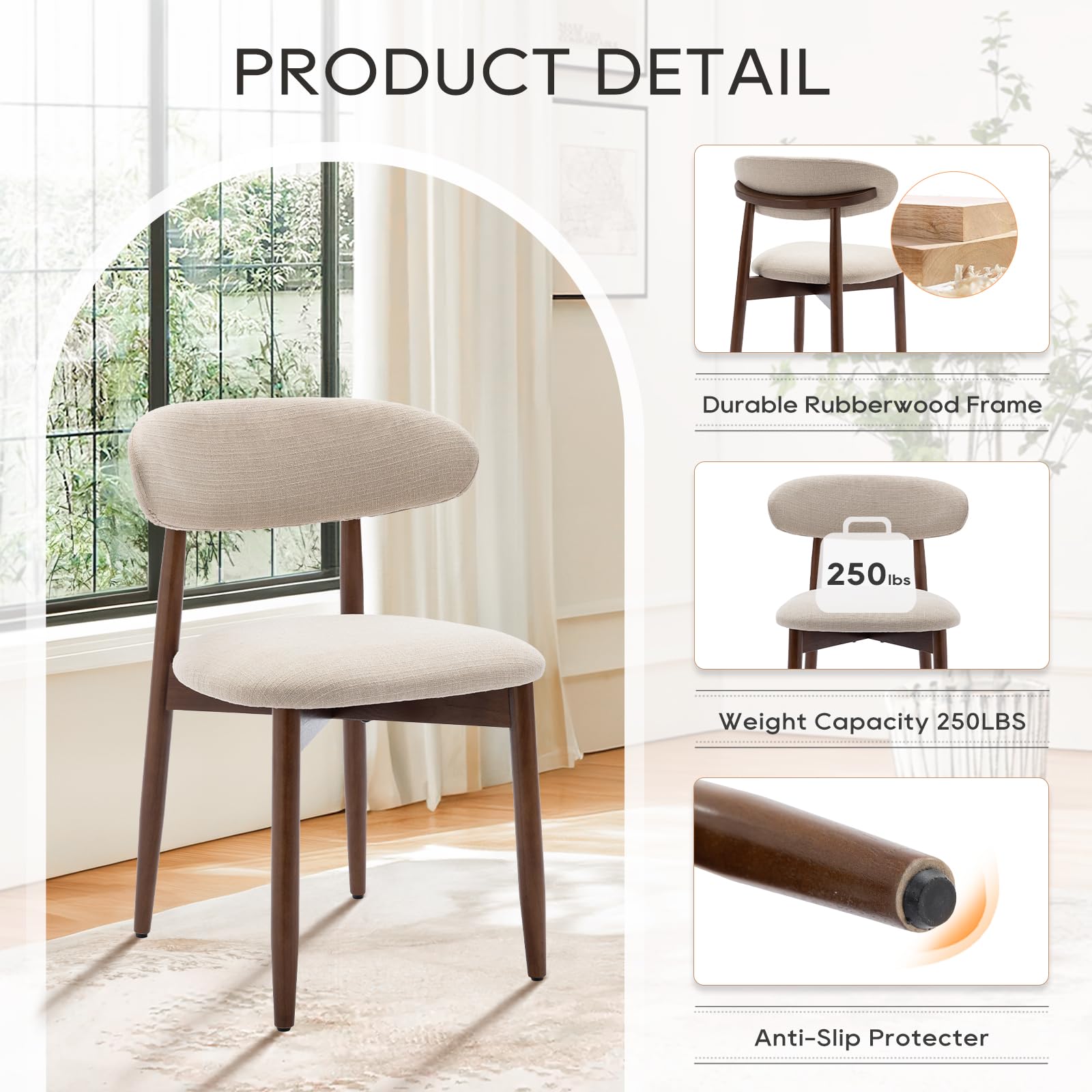 Wooden Dining Chairs Set of 6 with Upholstered Seats