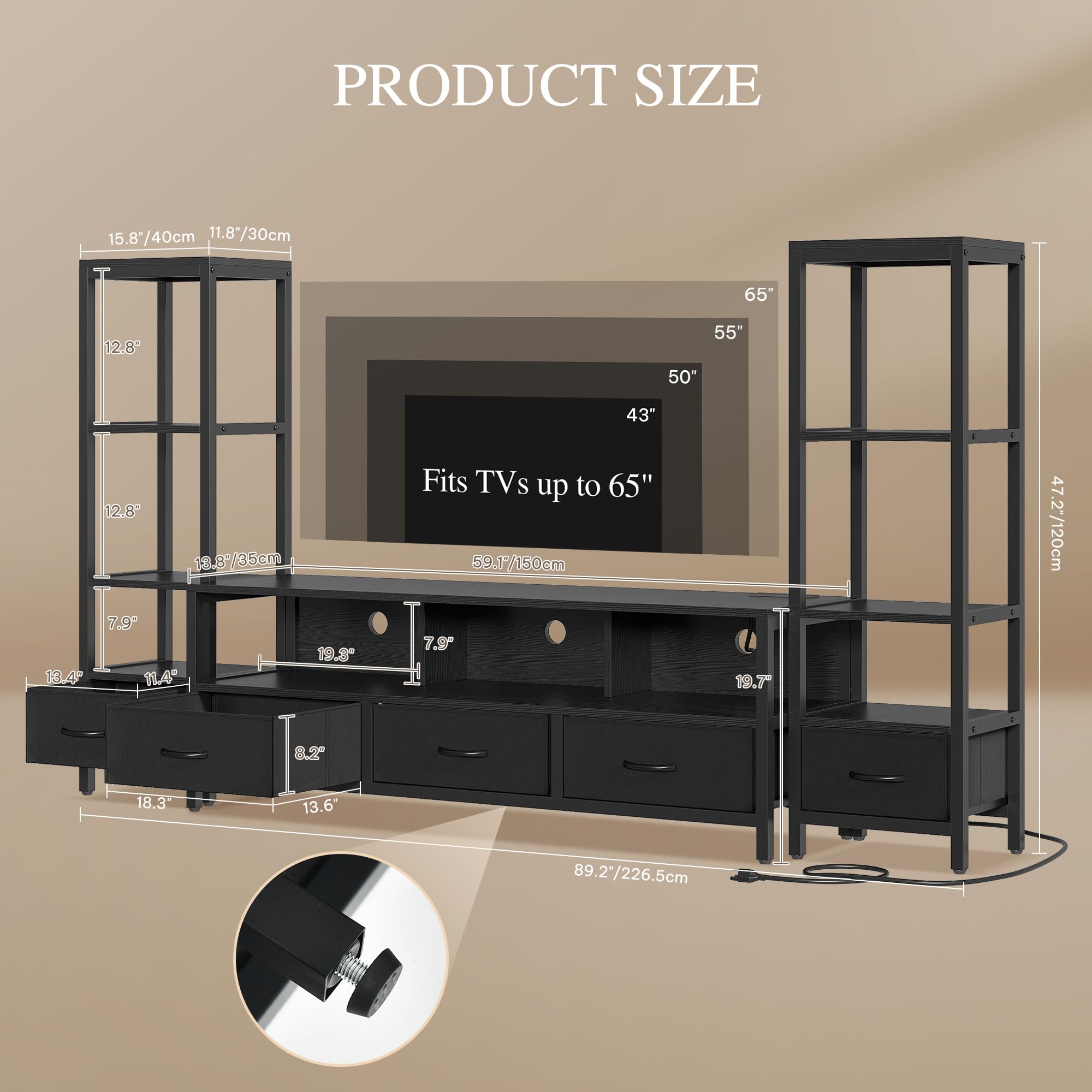 YITAHOME Modern TV Stands for 65 inch TVs, Entertainment Center with Drawers and Bookshelves, LED TV Console Cabinet with Power Outlets for Living Room, Black