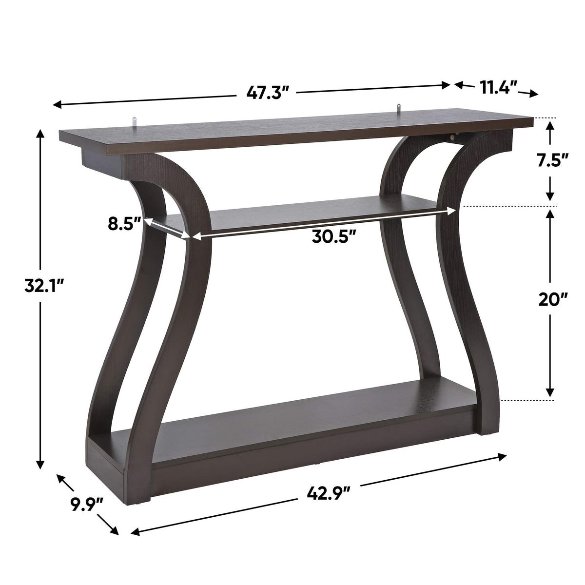 3-Tier Wood Console Table with Curved Legs - 47 Inch Cappuccino