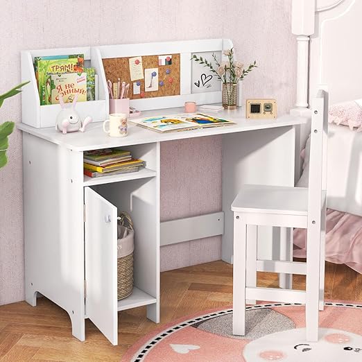 Kids Desk and Chair Set with Hutch, Cork Board and Whiteboard