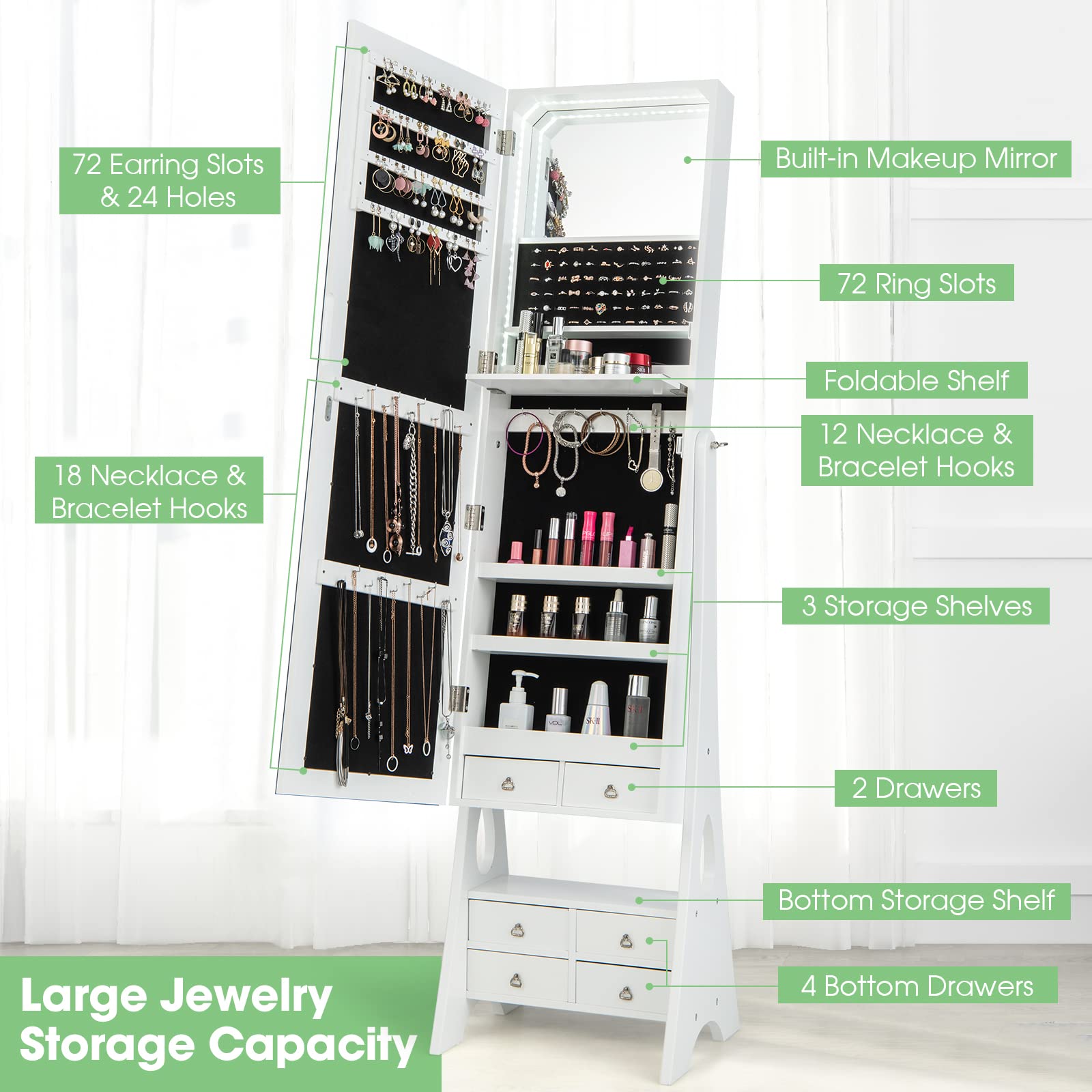 Jewelry Cabinet with LED Light Strip and Full Length Mirror