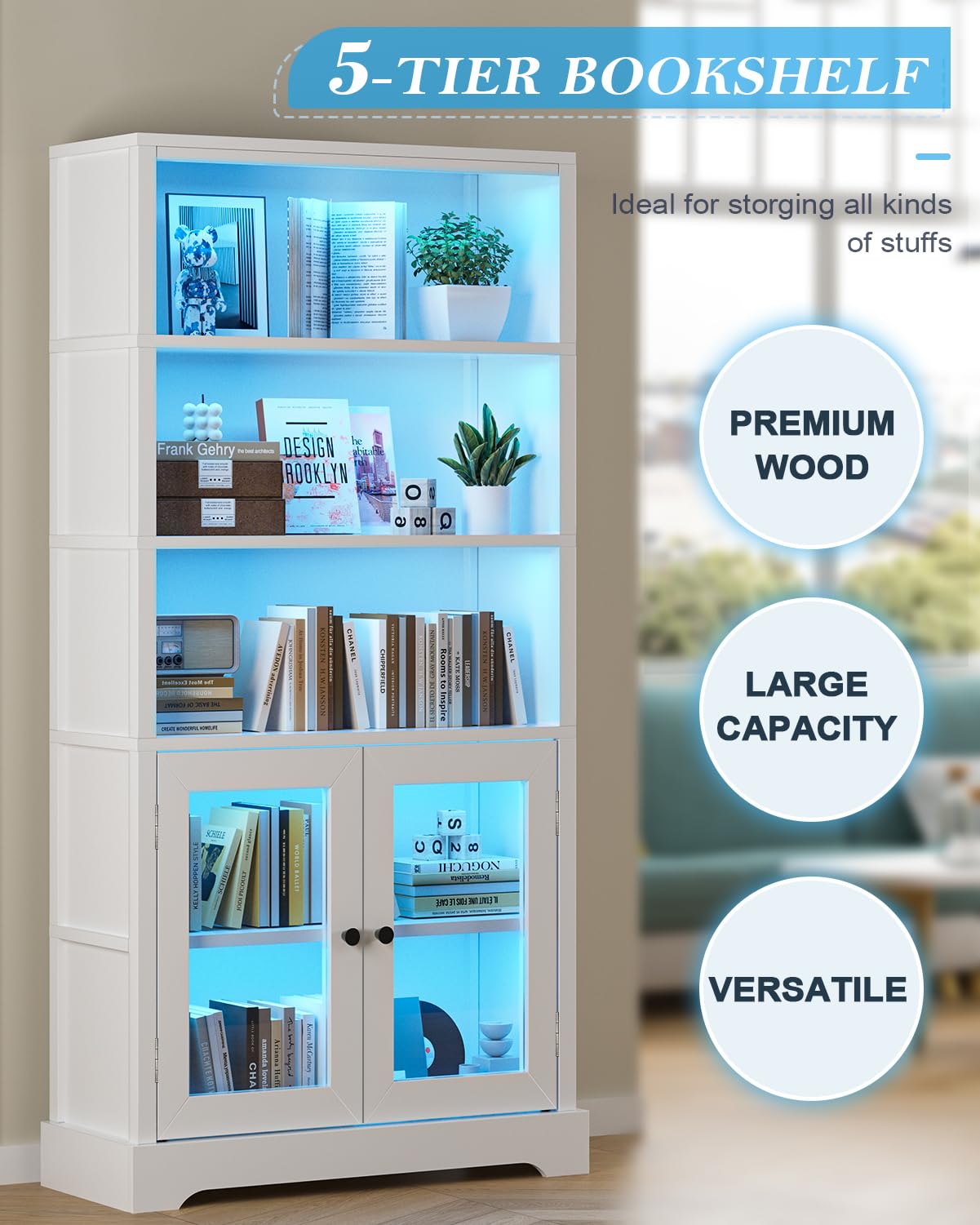 5-Tier Bookshelf with Multi-Color Ambient Lights and Cabinet Doors