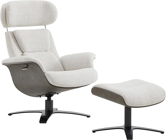 Genuine Leather Reclining Swivel Chair with Adjustable Headrest and Ottoman