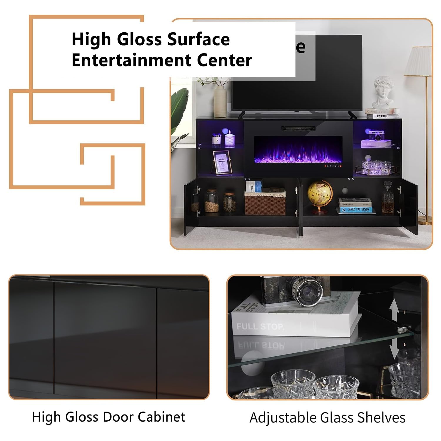 3 Piece Modern High Gloss Fireplace TV Stand & Bookcase Set