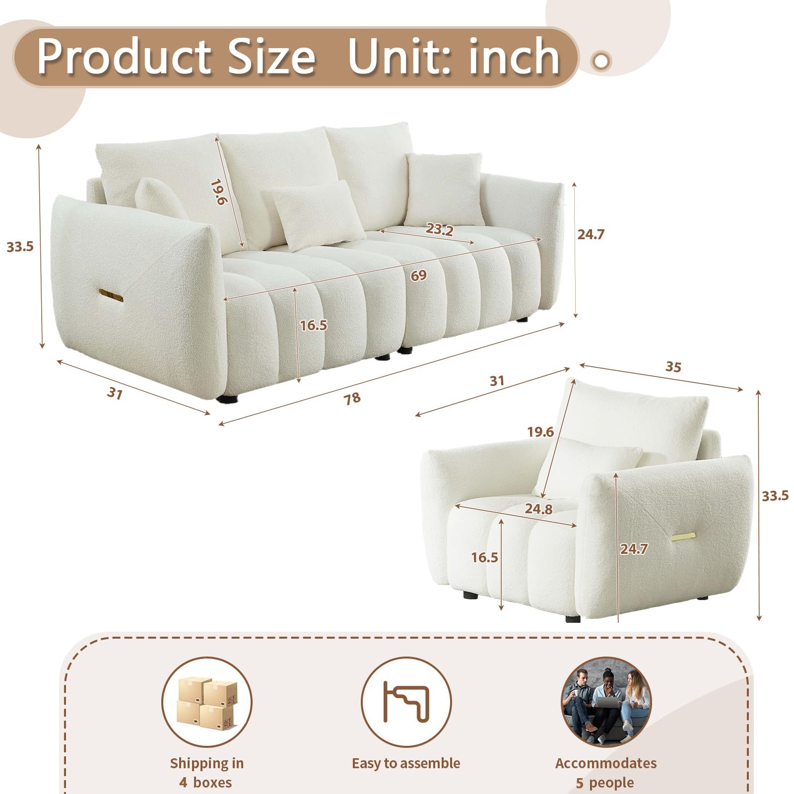 3-Piece Teddy Sofa Set - 2 Chairs & Oversized 3-Seater Couch