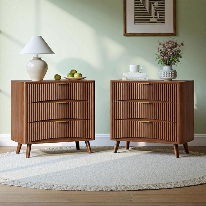 Oversized Fluted Nightstands Set of 2 - 3 Drawers