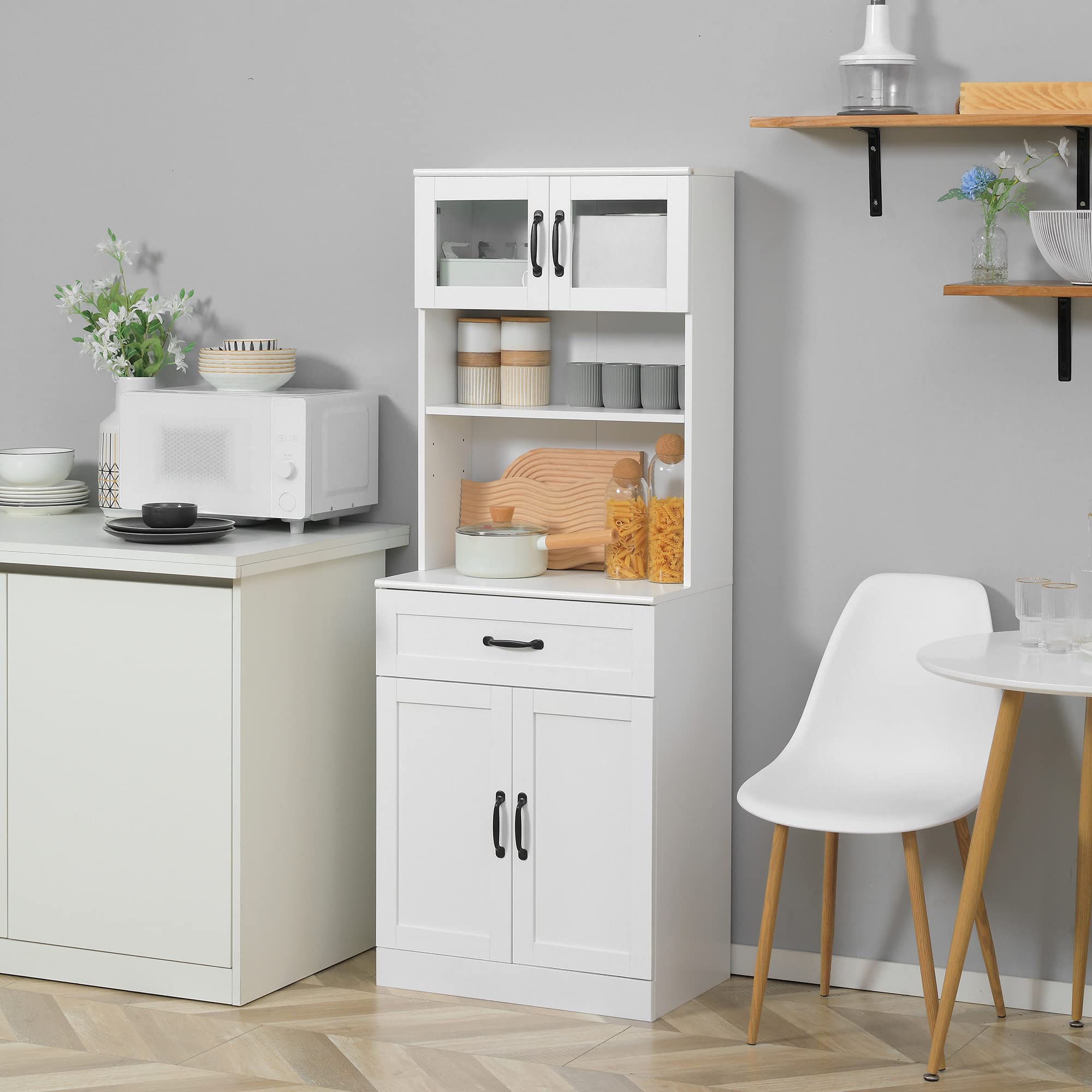 Kitchen Pantry Cabinet with Glass Doors and Adjustable Shelves