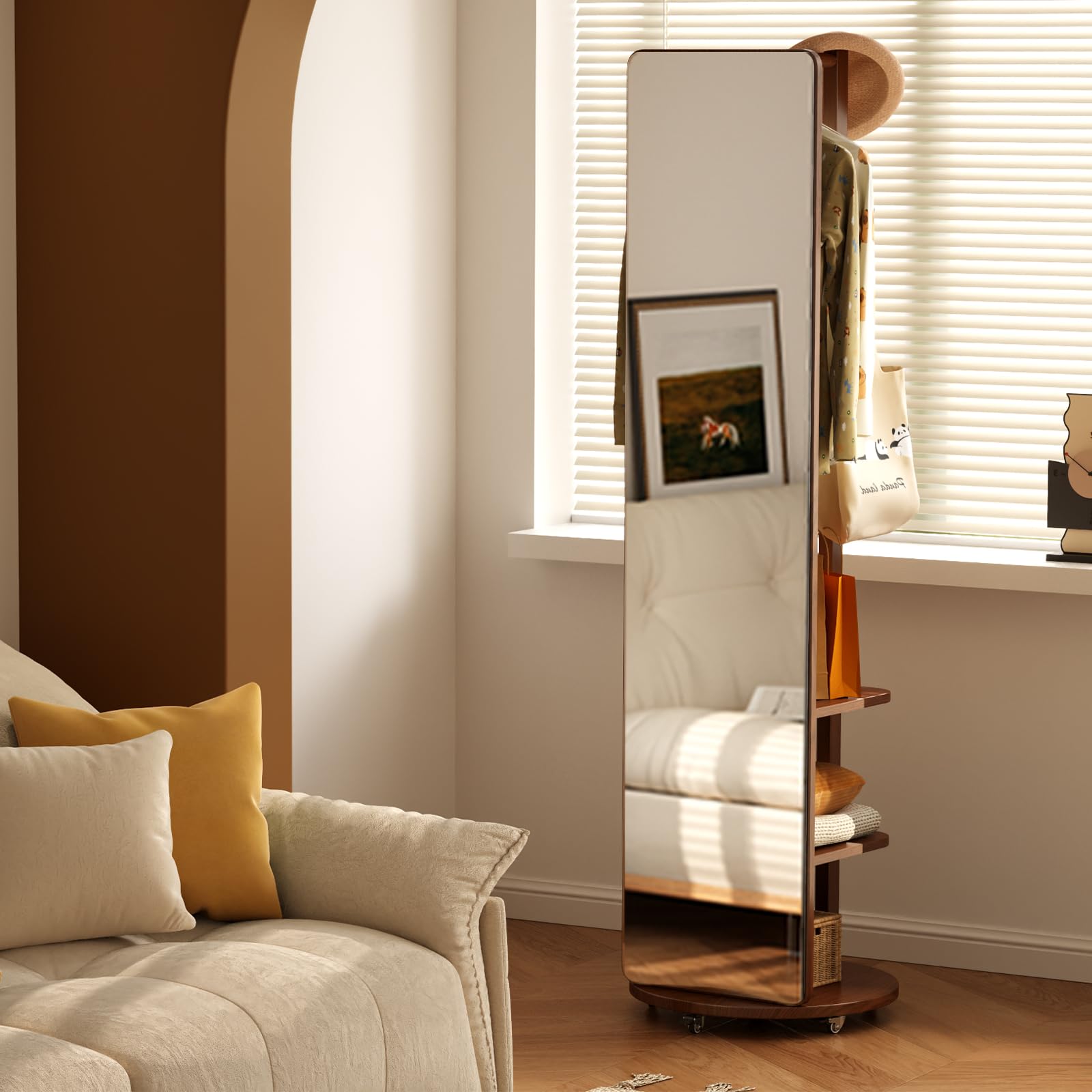 Solid Wood Full Length Mirror Coat Rack with Wheels