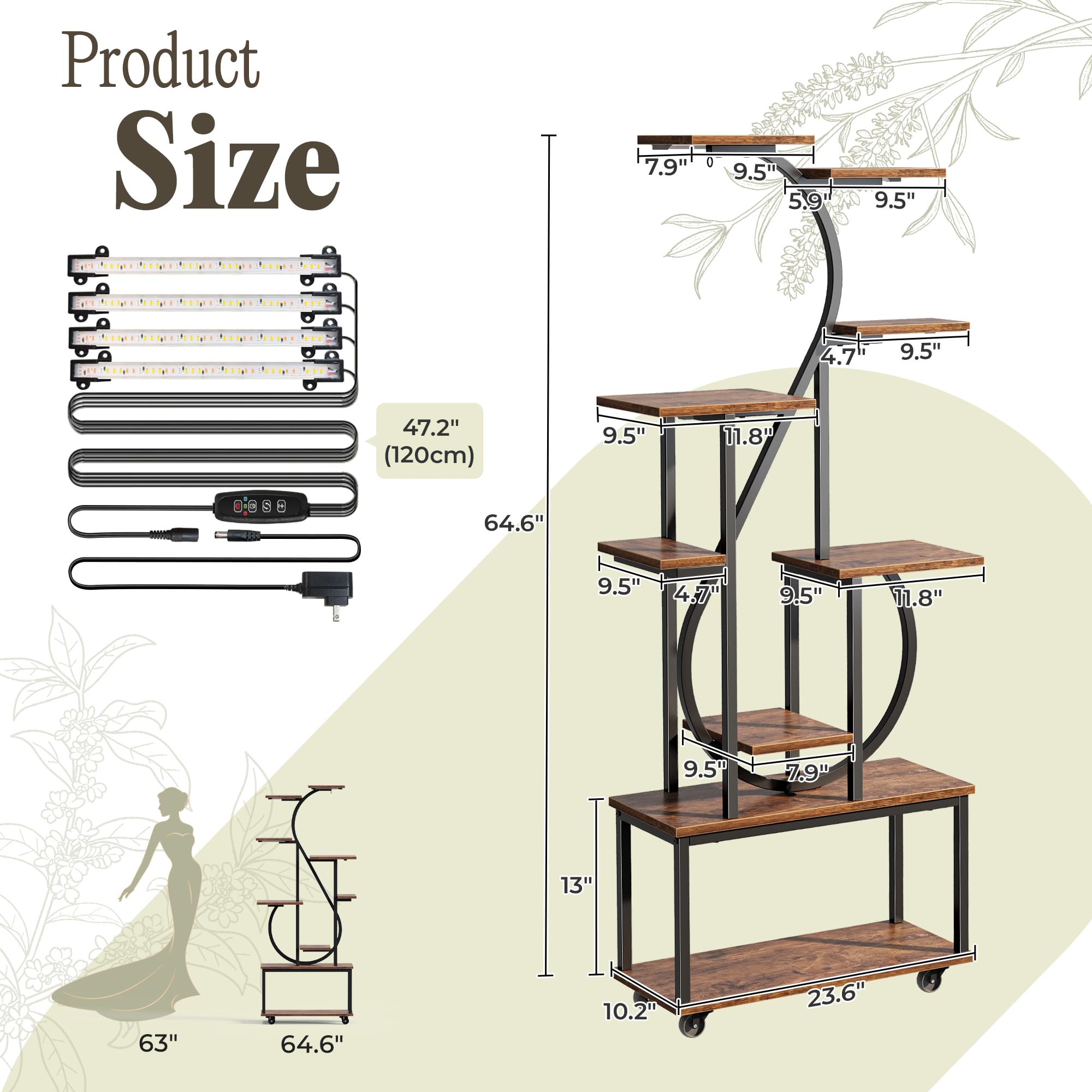 65 Inch 9-Tier Plant Stand with Grow Light