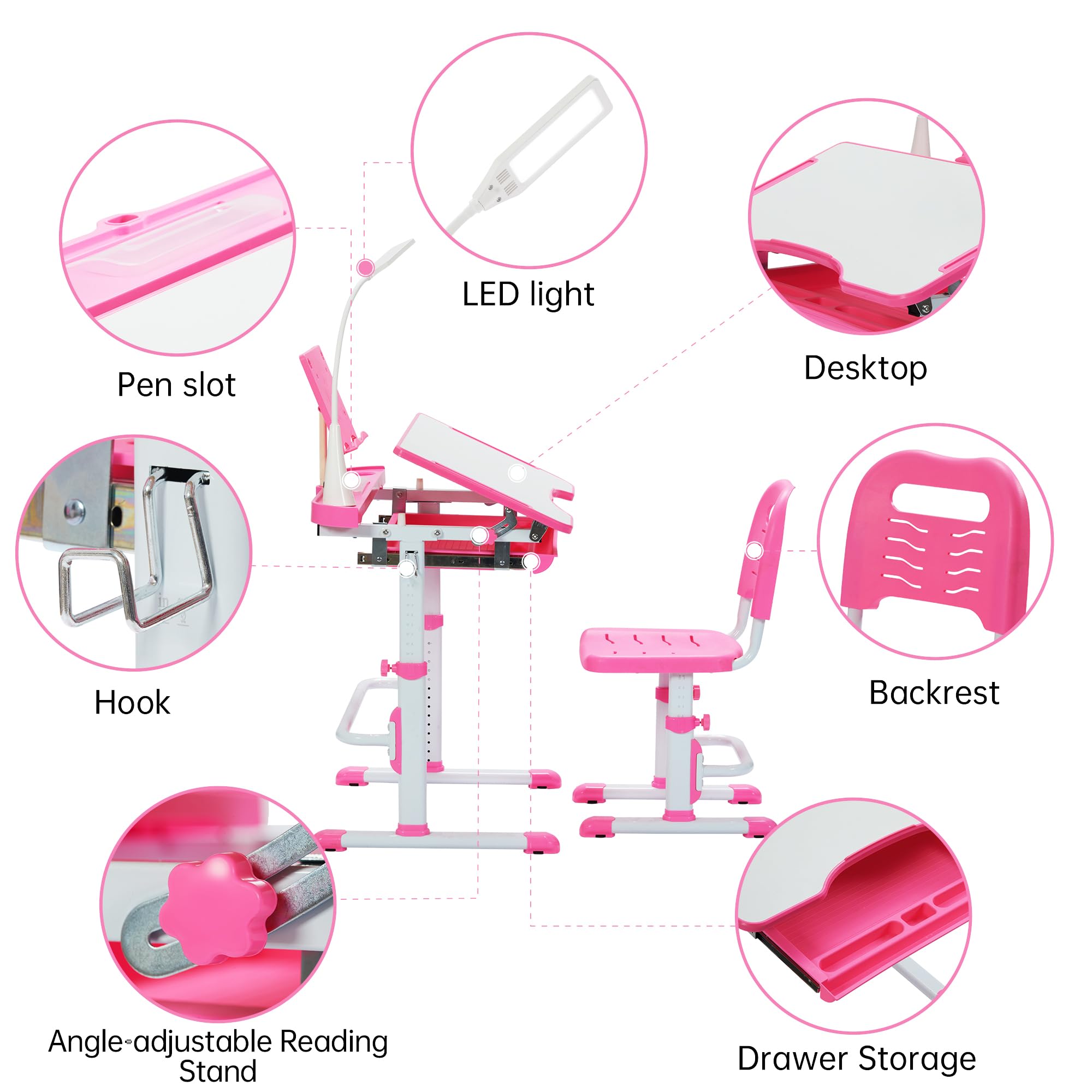 Kids Desk and Chair Set with Tilt Desktop and LED Light