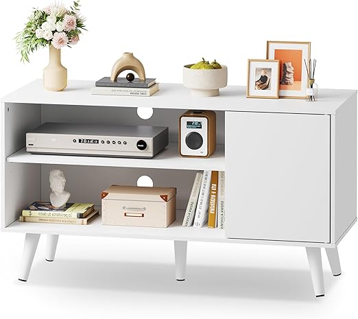 Mid-Century TV Stand with Storage Cabinet White 47 Inch