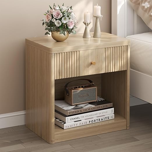 Fluted Nightstand Set of 2 with Drawer and Storage