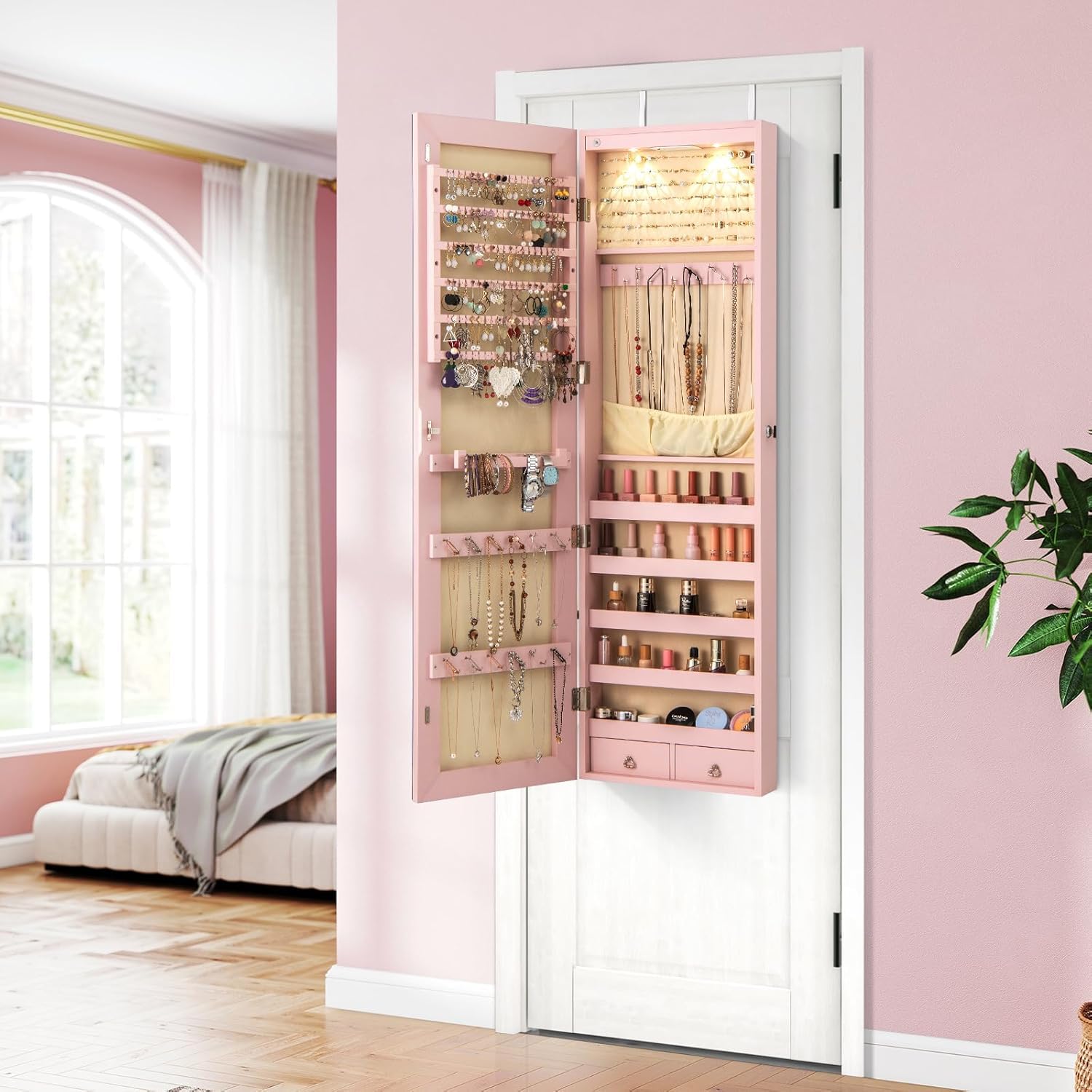 Mirrored Jewelry Armoire with Full-Length Mirror and LED Lights