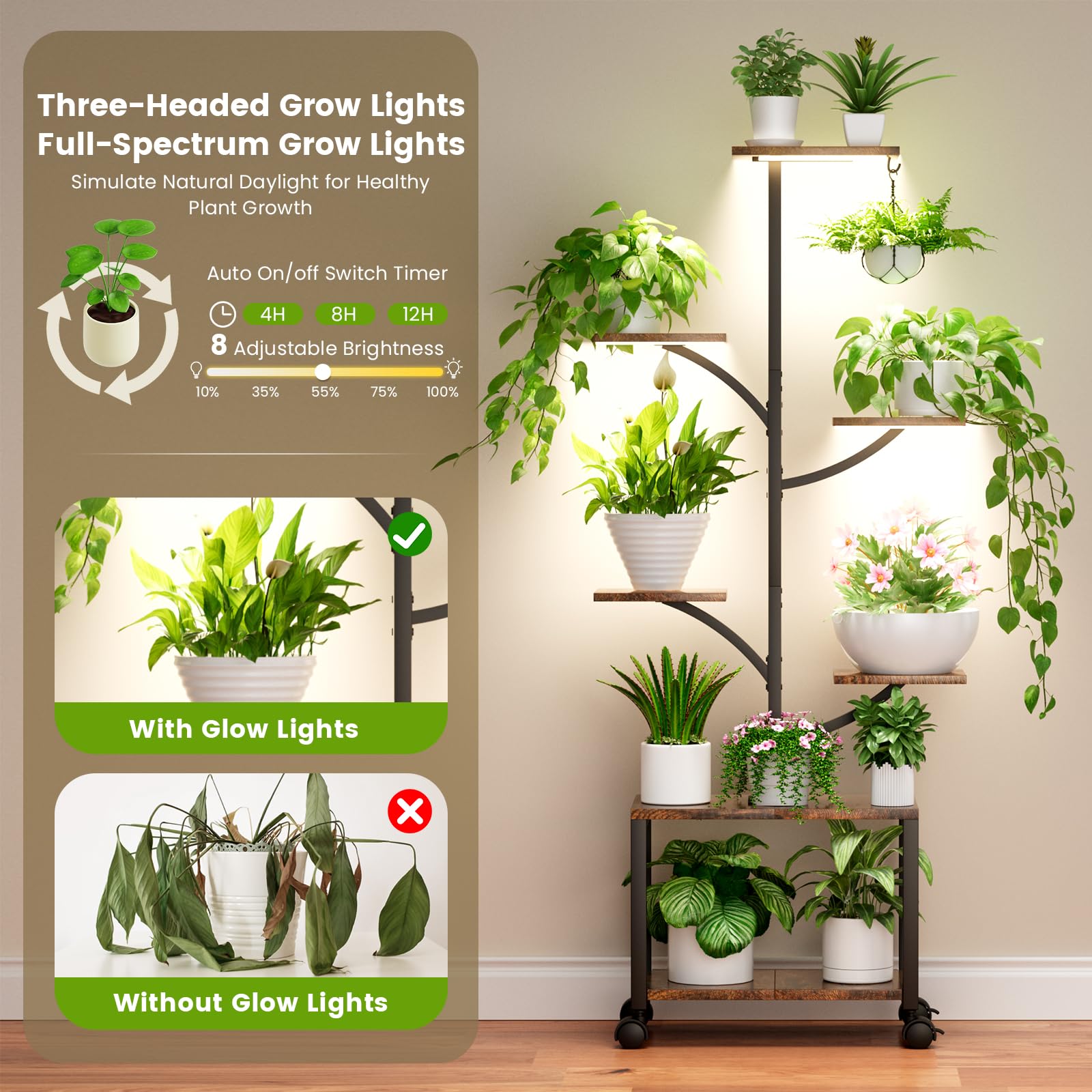 7-Tier Plant Stand with Grow Lights and Wheels