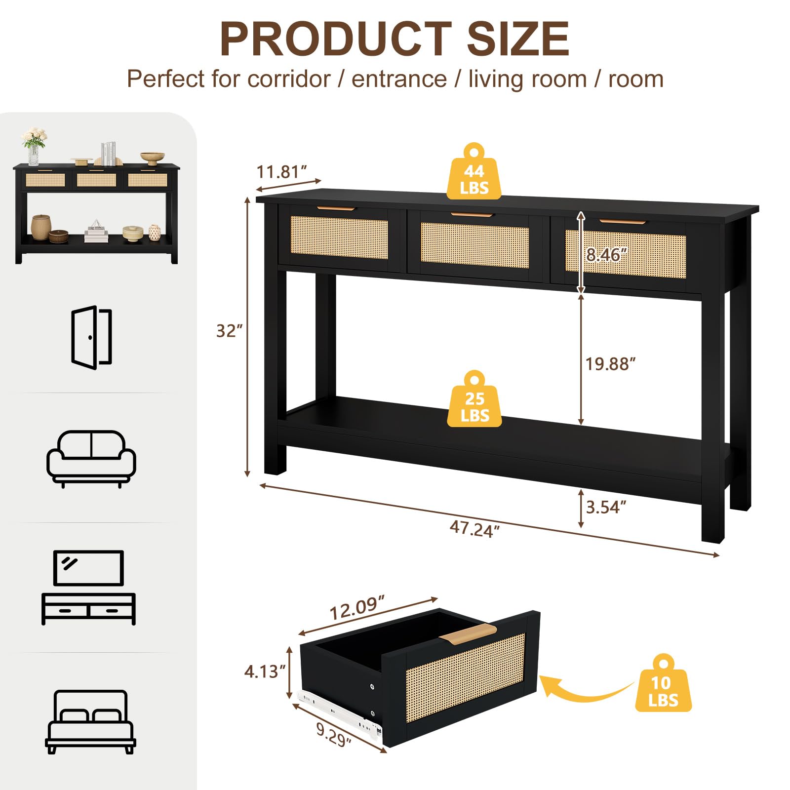 Console Table with 3 Rattan Drawers - 47 Inch Black