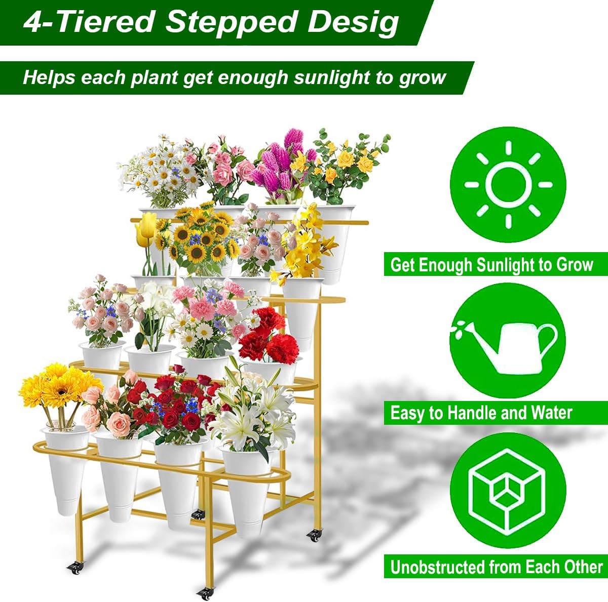 4-Tier Metal Flower Display Stand with 16 Buckets