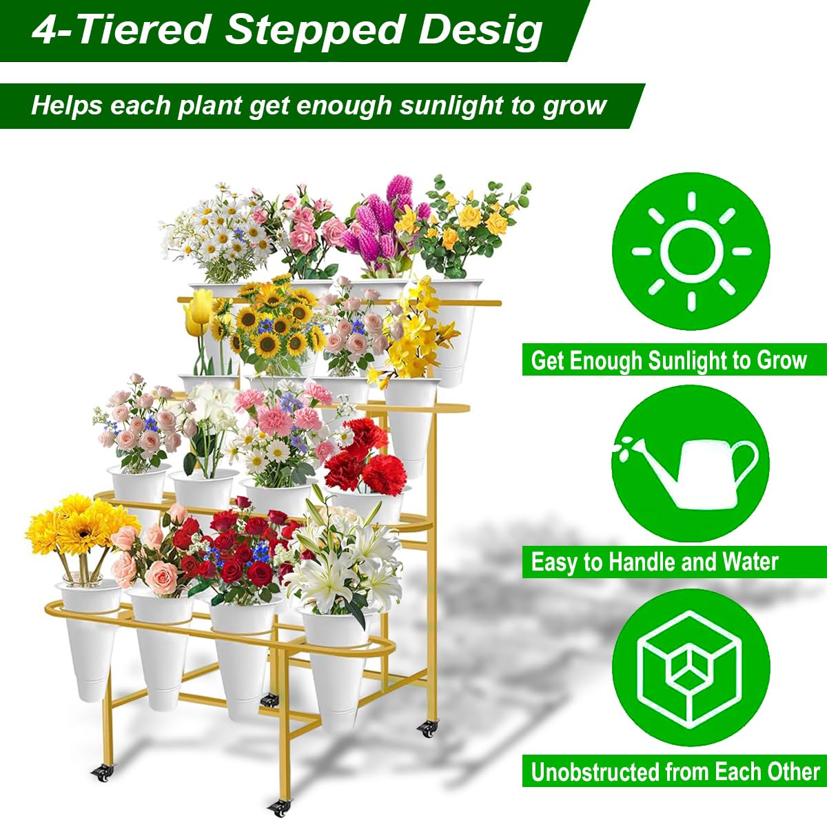4-Tier Metal Flower Display Stand with 16 Buckets