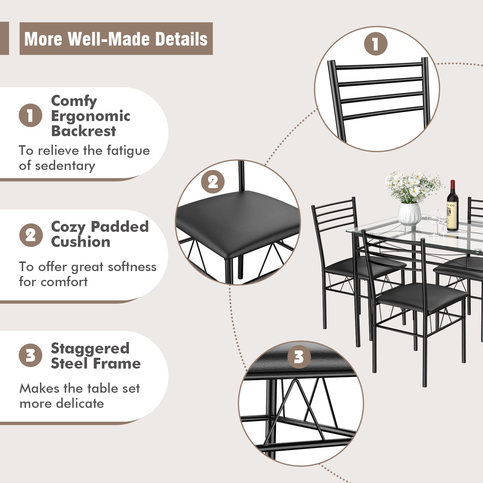 5-Piece Dining Set with Tempered Glass Table