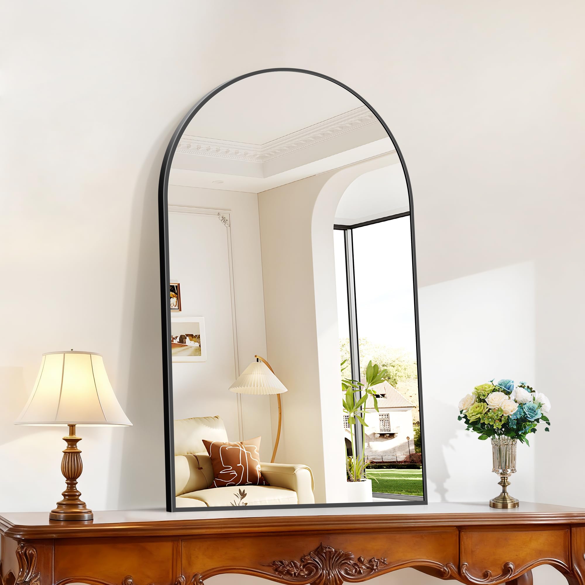 Arched Wall Mirror 24x40 Black Aluminum Frame