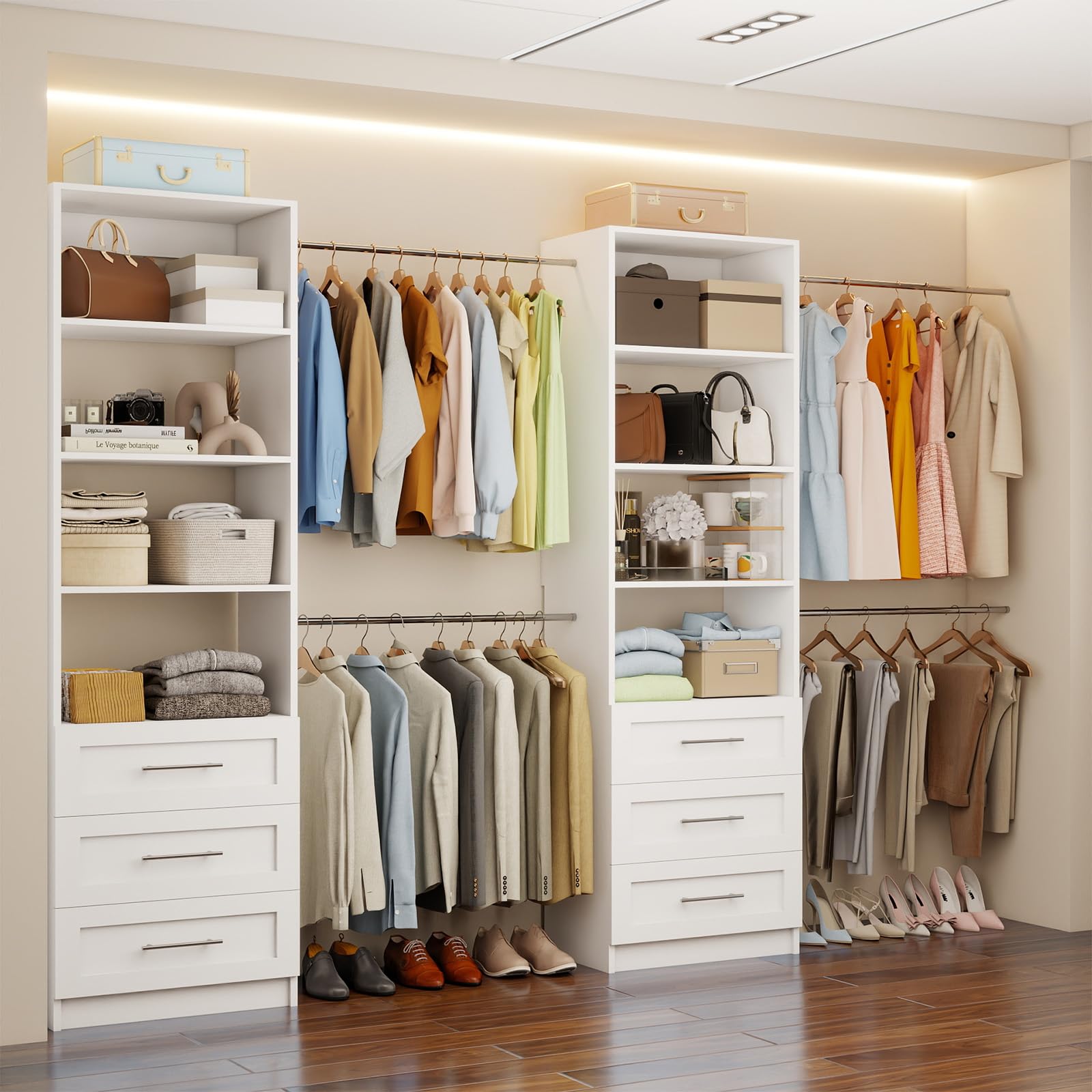 Closet Organizer System with 6 Drawers and 8 Hanging Rods