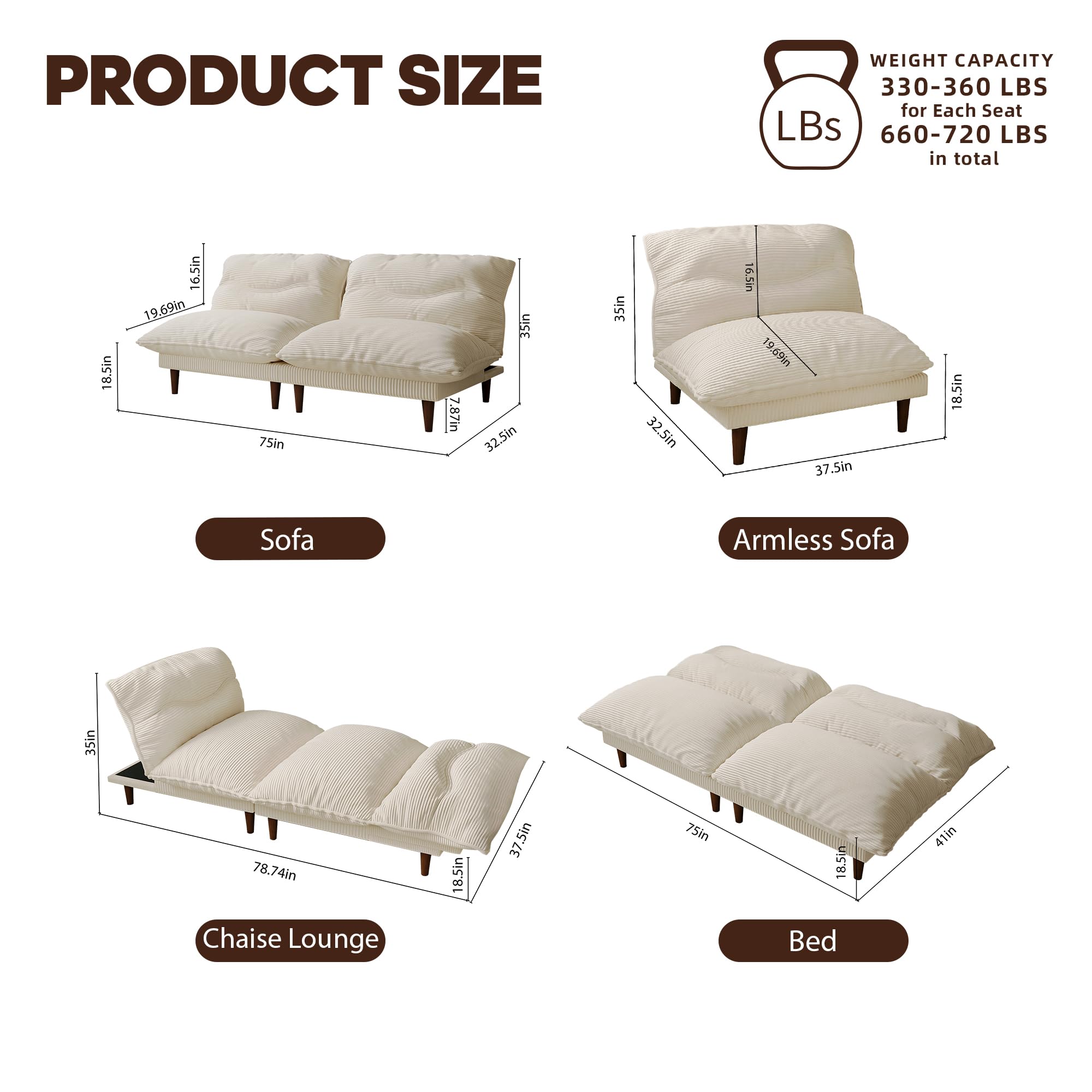 4-in-1 Convertible Futon Sofa Bed with Adjustable Backrest