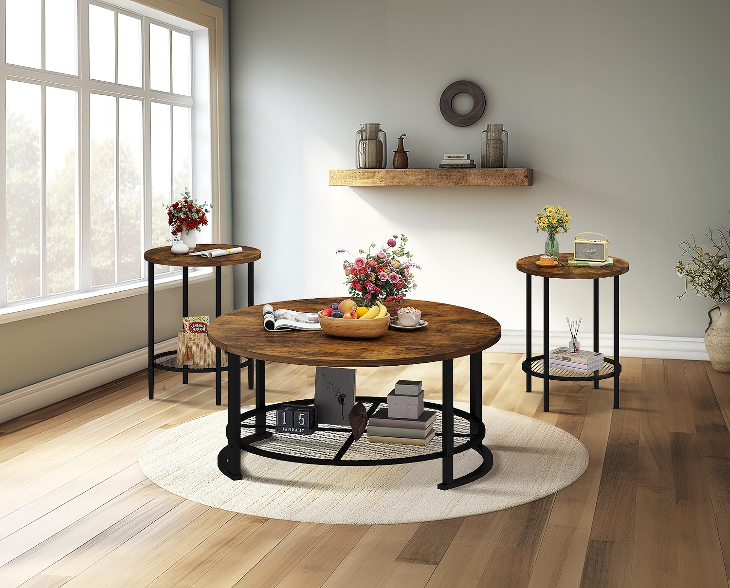 Round Coffee Table and End Table Set of 3 with Storage