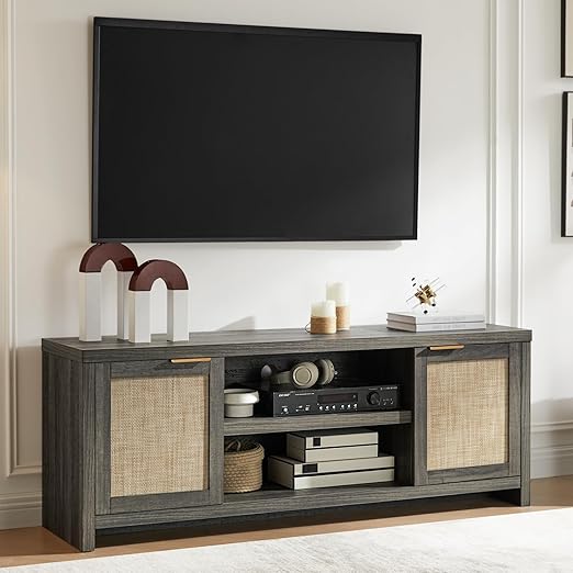TV Stand with Rattan Doors for 50-65 Inch TVs