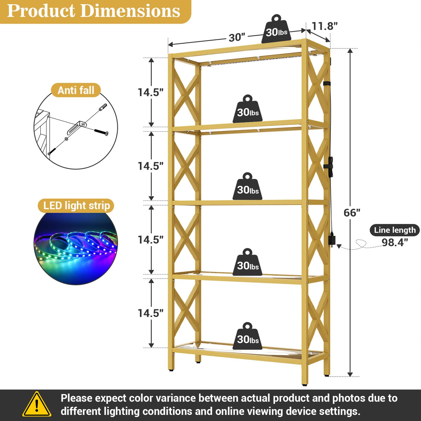 5-Tier Glass Bookshelf with LED Light