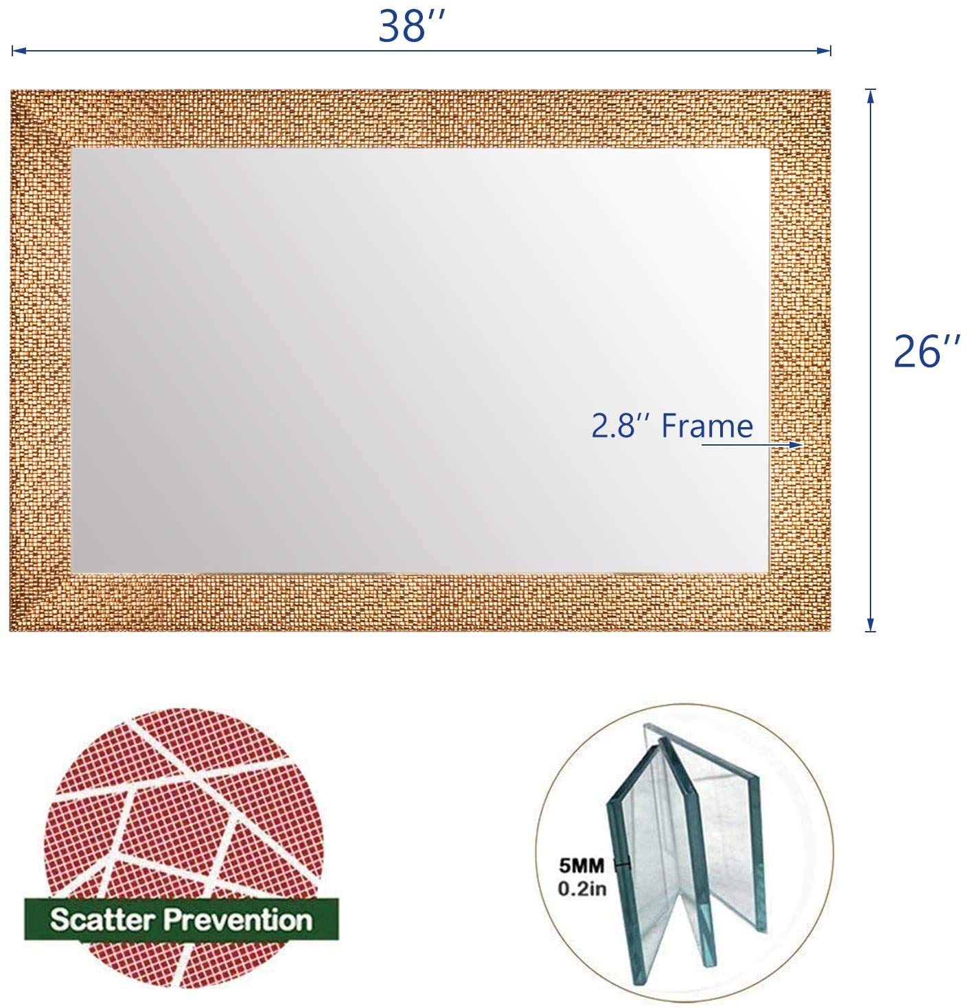 38" x 26" Gold Framed Rectangular Wall Mirror