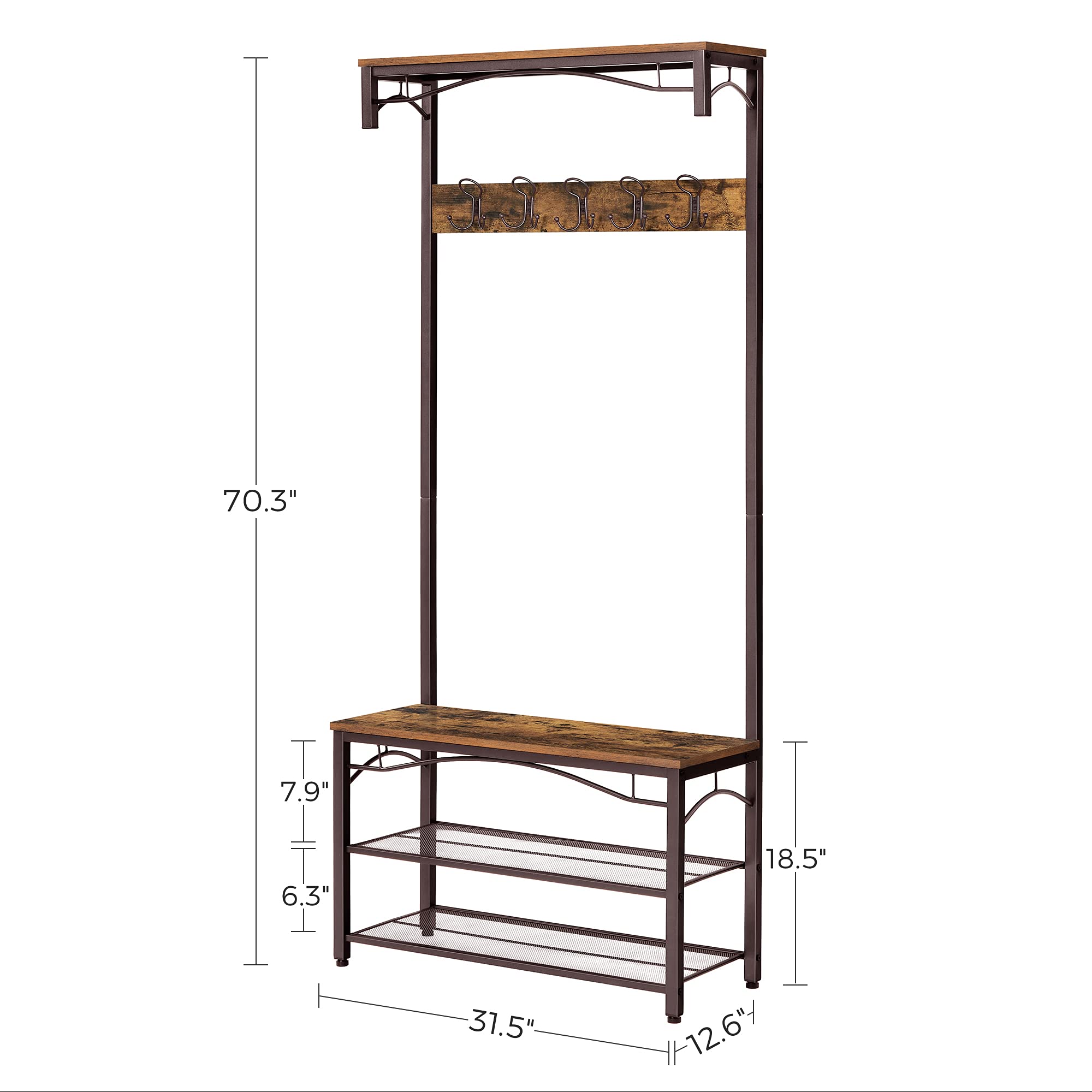 3-in-1 Hall Tree Entryway Bench with Coat Rack and Storage Shelves