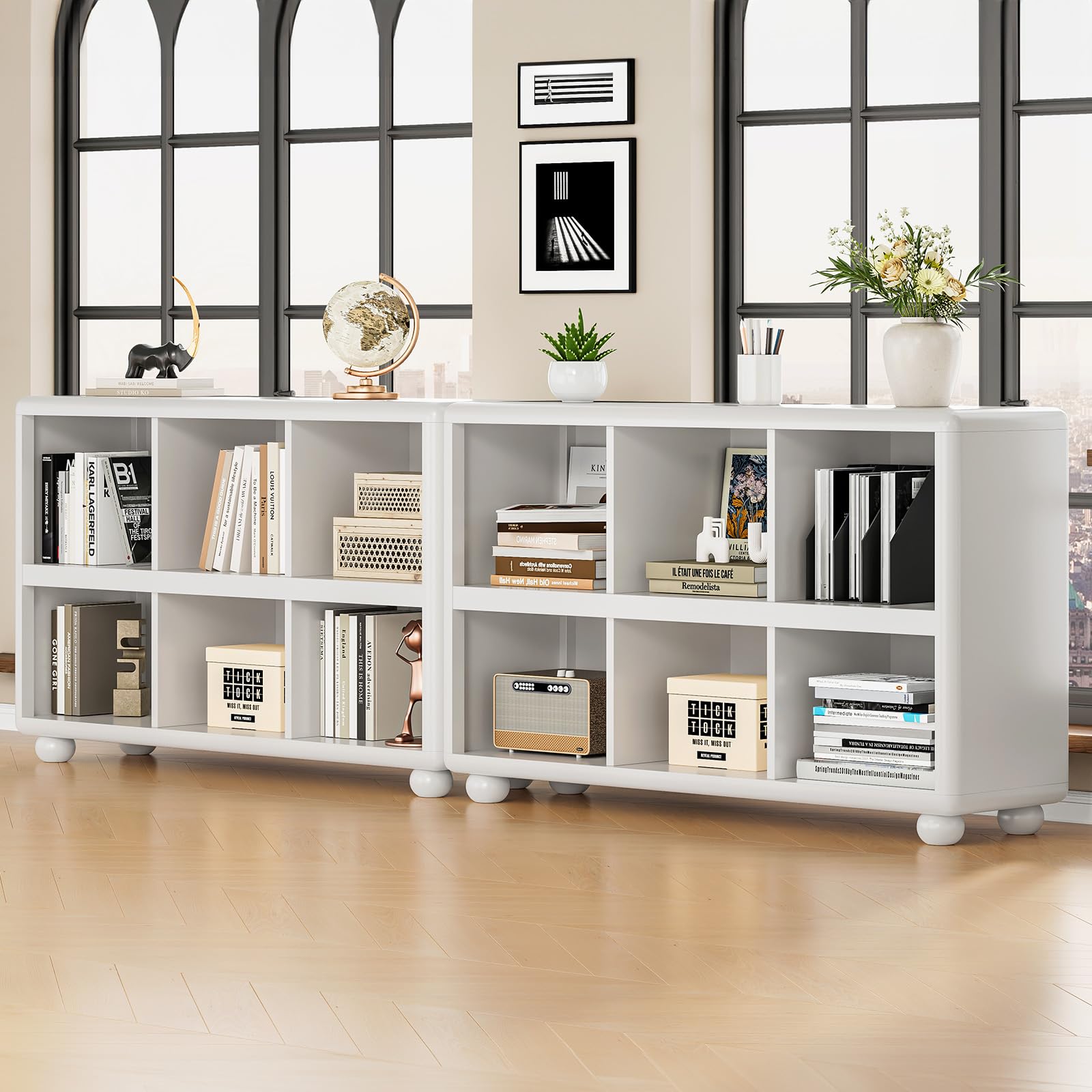 ONBRILL Wooden Bookcase with 6 Cube Storage, Kids Bookshelf with Sphere Foot, Sturdy Toy Storage Organizer, Safe Rounded Corners Bookcase for Living Room, Playroom, Nursery (White)