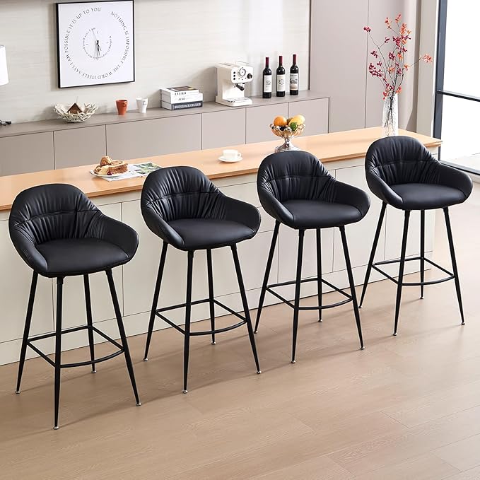 Mid Century Modern Barstool Set of 2 - PU Leather Counter Height Stools with Walnut Bentwood Back