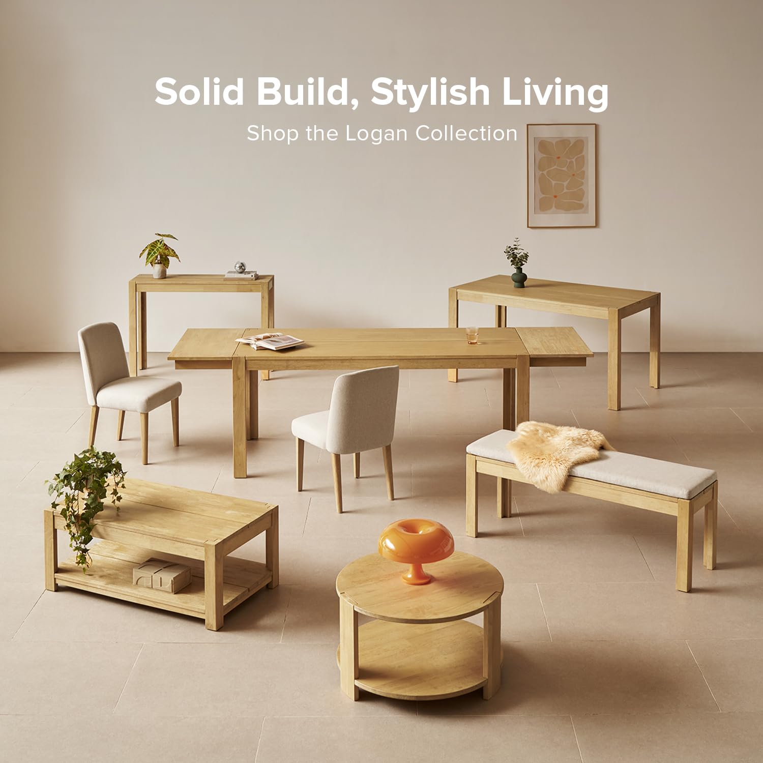 Logan Upholstered Beige Dining Bench - Modern Farmhouse Solid Wood