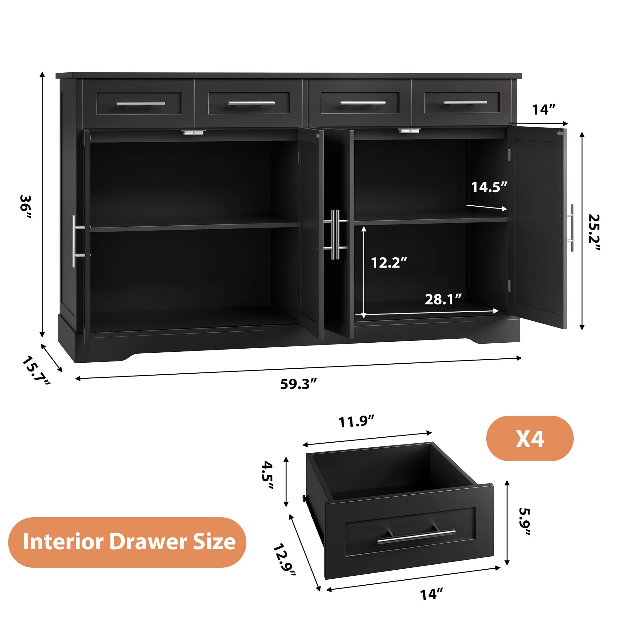 60" Buffet Sideboard Storage Cabinet with 4 Drawers