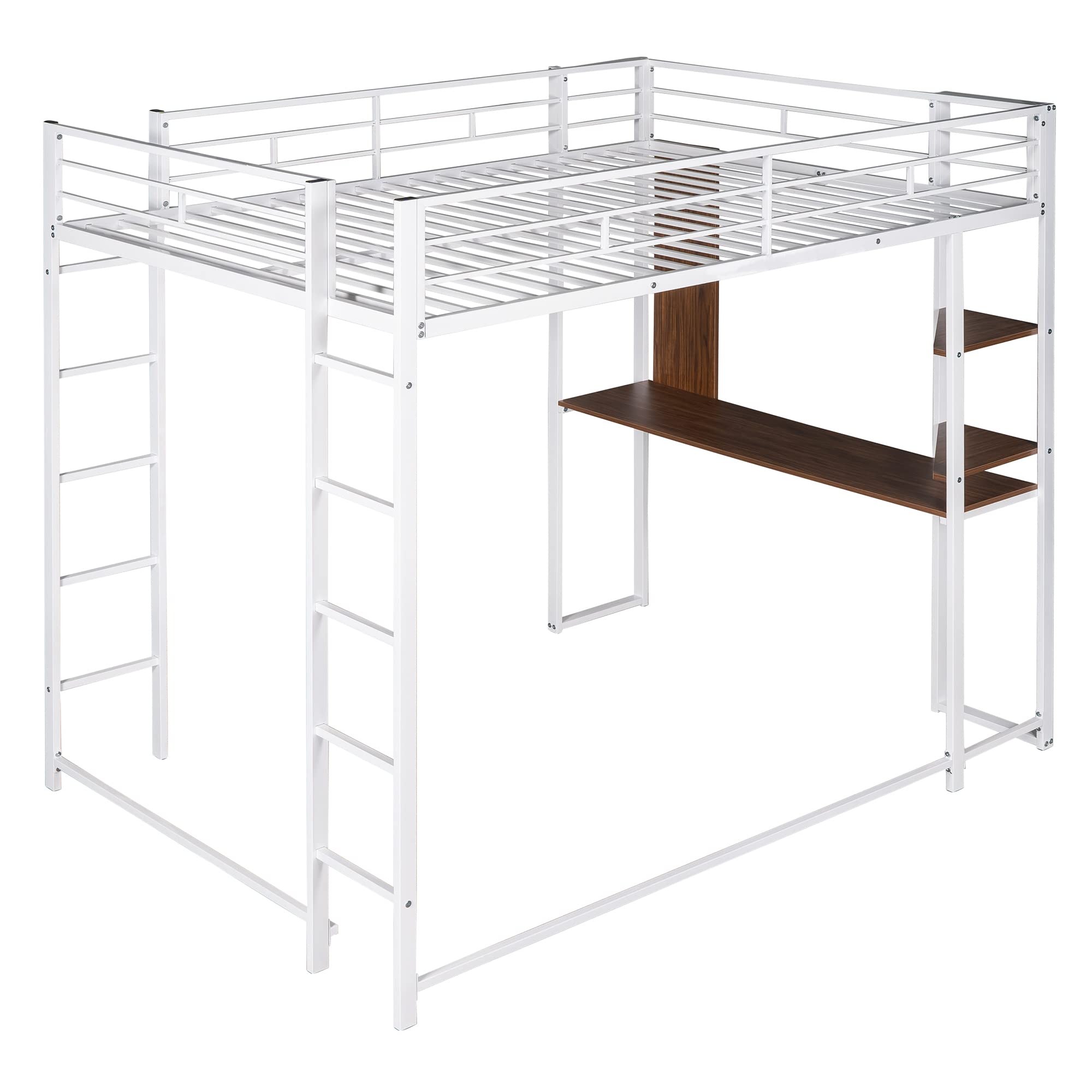 Full Loft Bed with Desk and Ladder - White Metal Frame