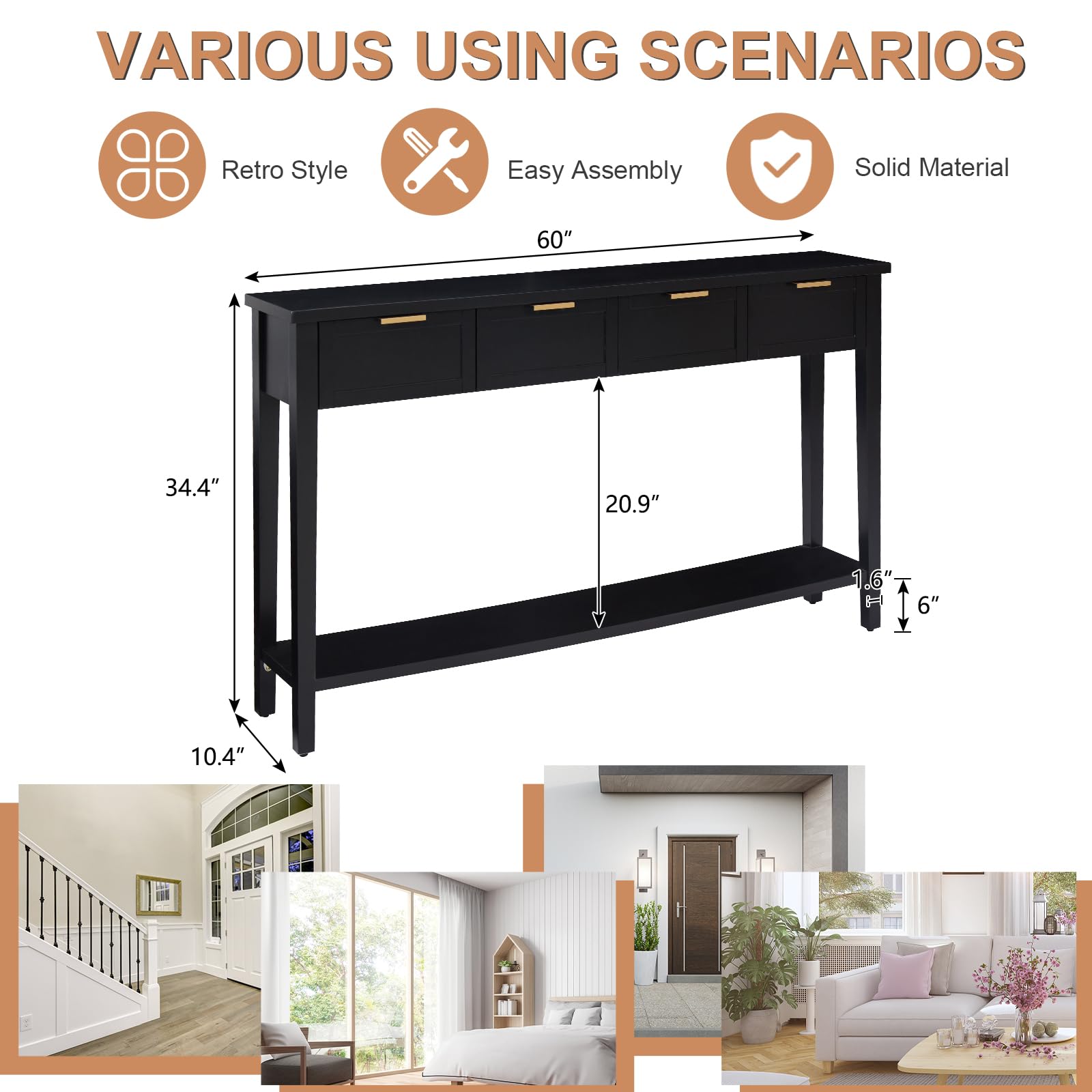 Console Table with 4 Drawers and Shelf - 60 Inch Long Entryway Hall Table