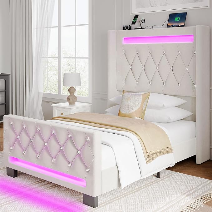 Queen Upholstered Bed Frame with LED Lighting