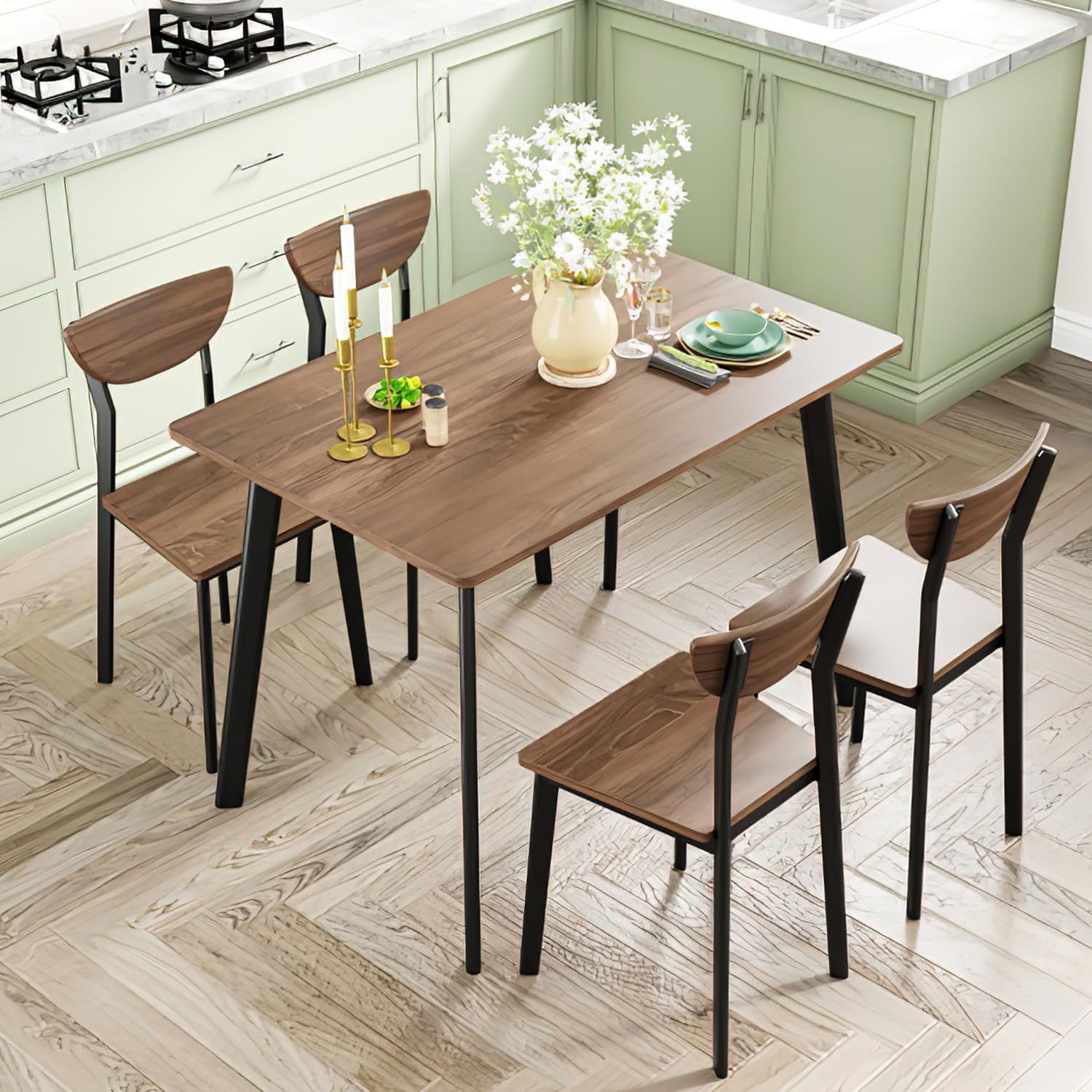 Dining Table Set for 4 with Curved Backrest Chairs