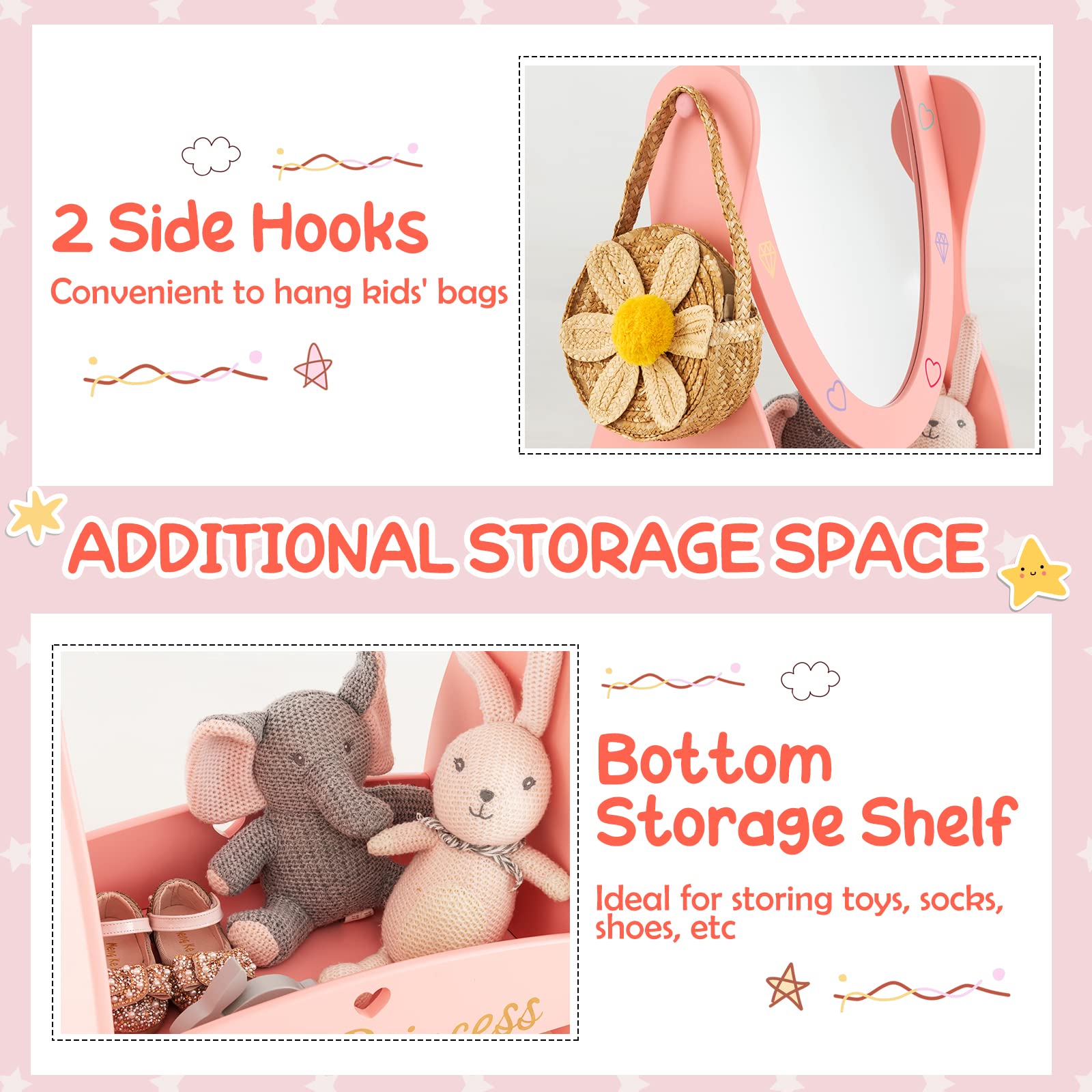 Kids Princess Floor Mirror with Storage Shelf