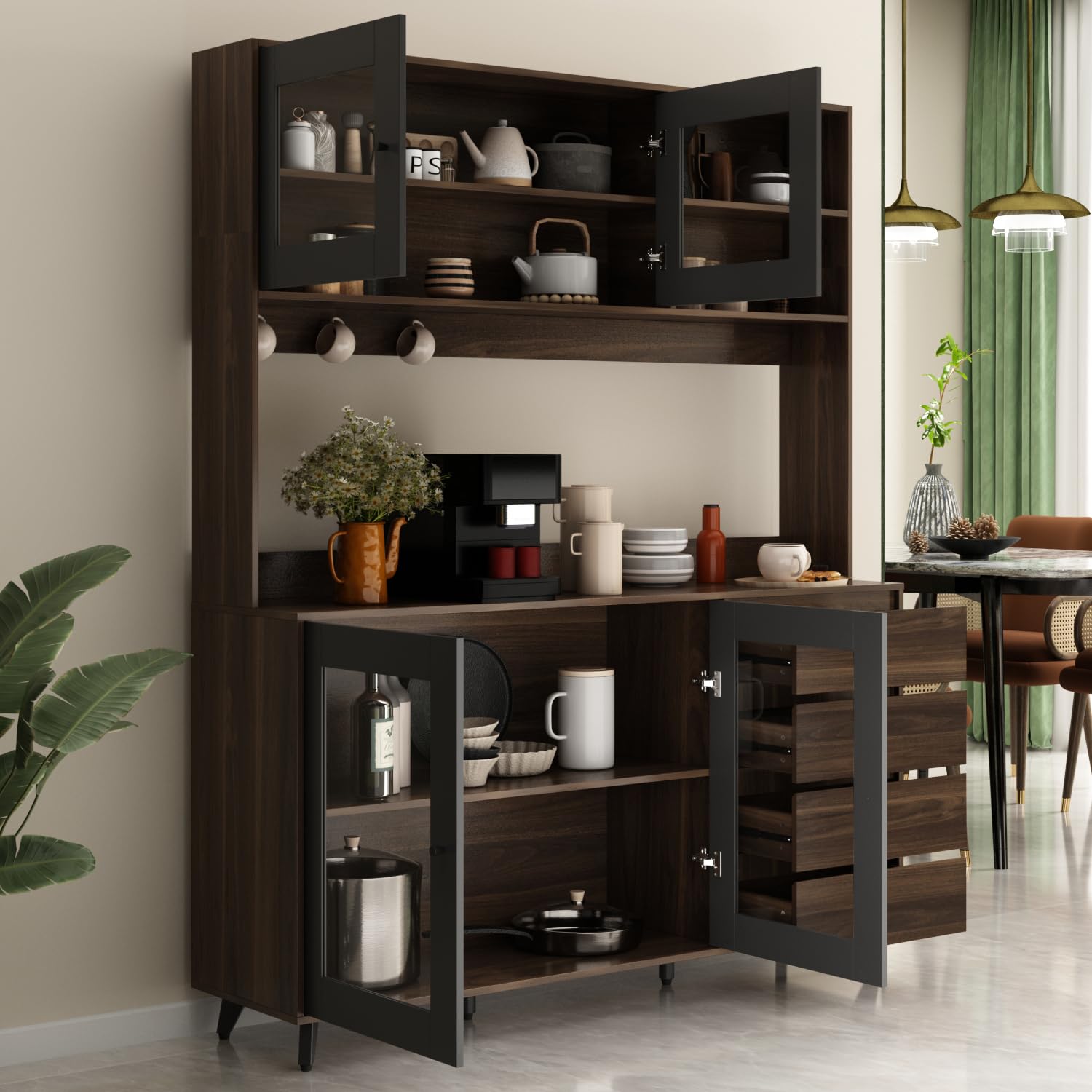 Kitchen Pantry Storage Cabinet with Glass Doors