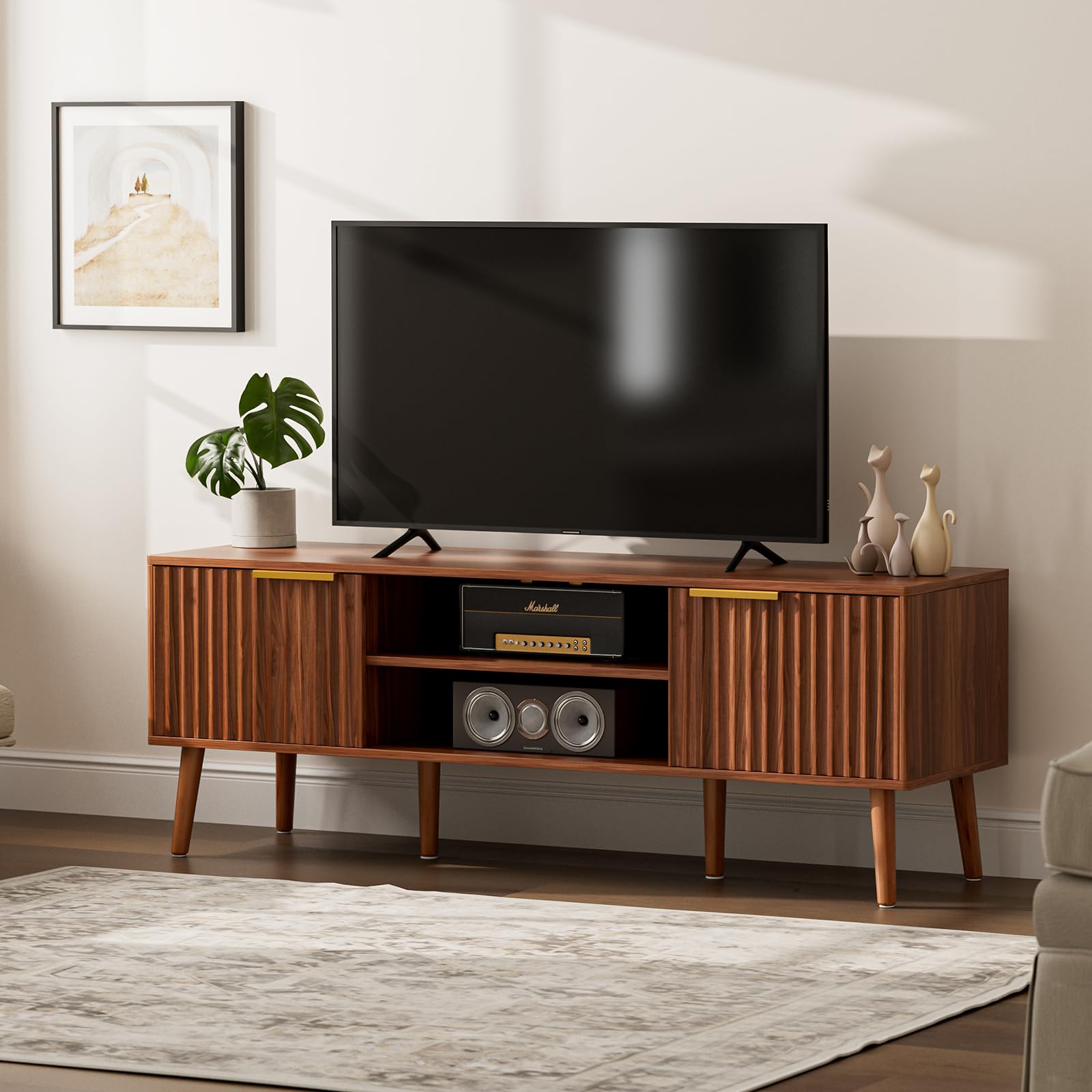 Mid-Century TV Stand with Fluted Doors