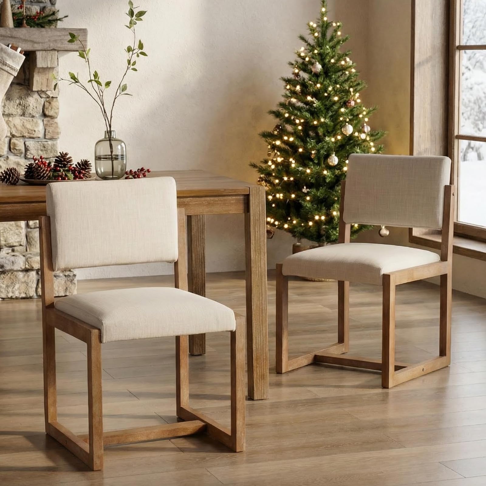 Upholstered Dining Chairs Set of 4 - Mid-Century Modern Linen Fabric