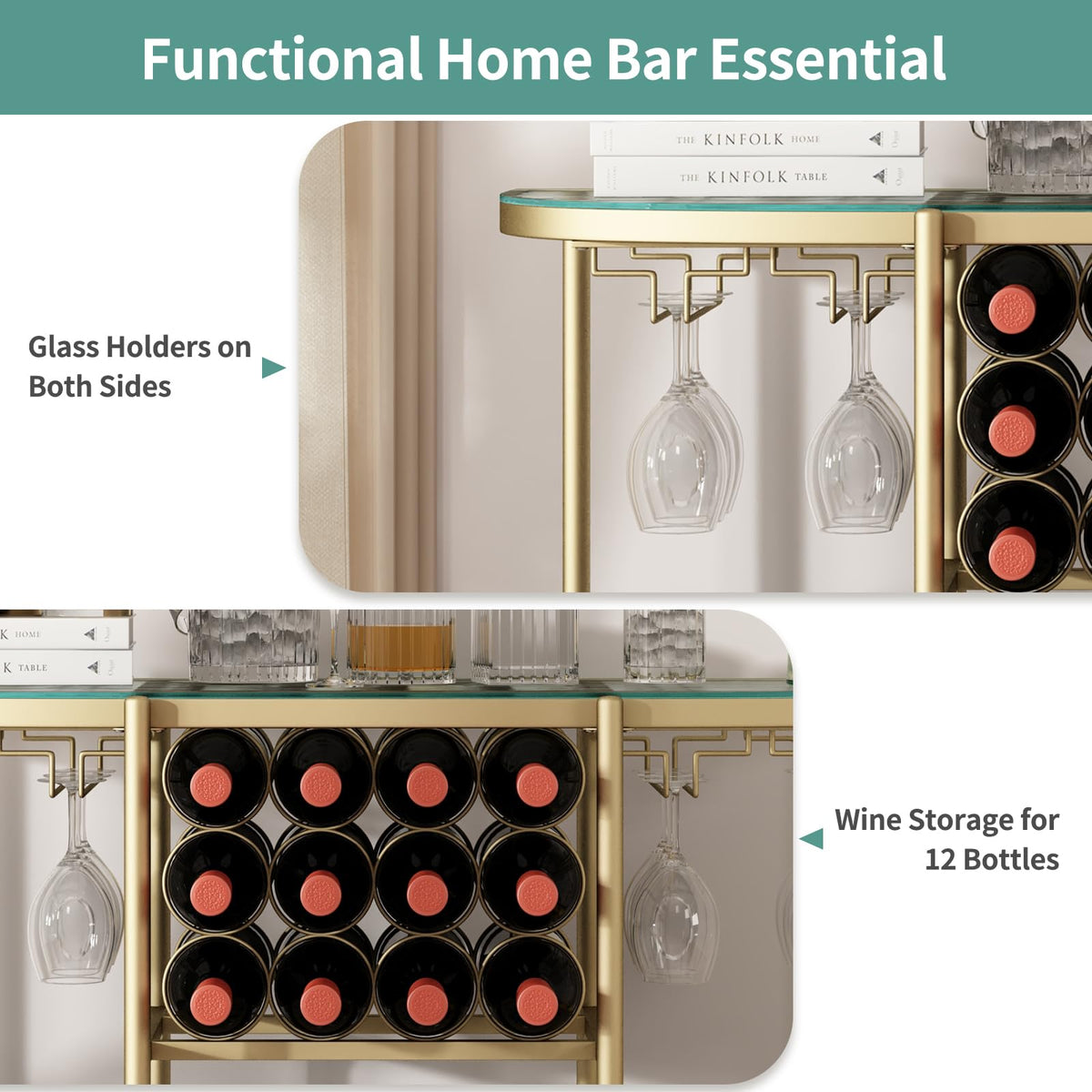 3 Tier Wine Bar Table with Glass Holders and Storage Shelf