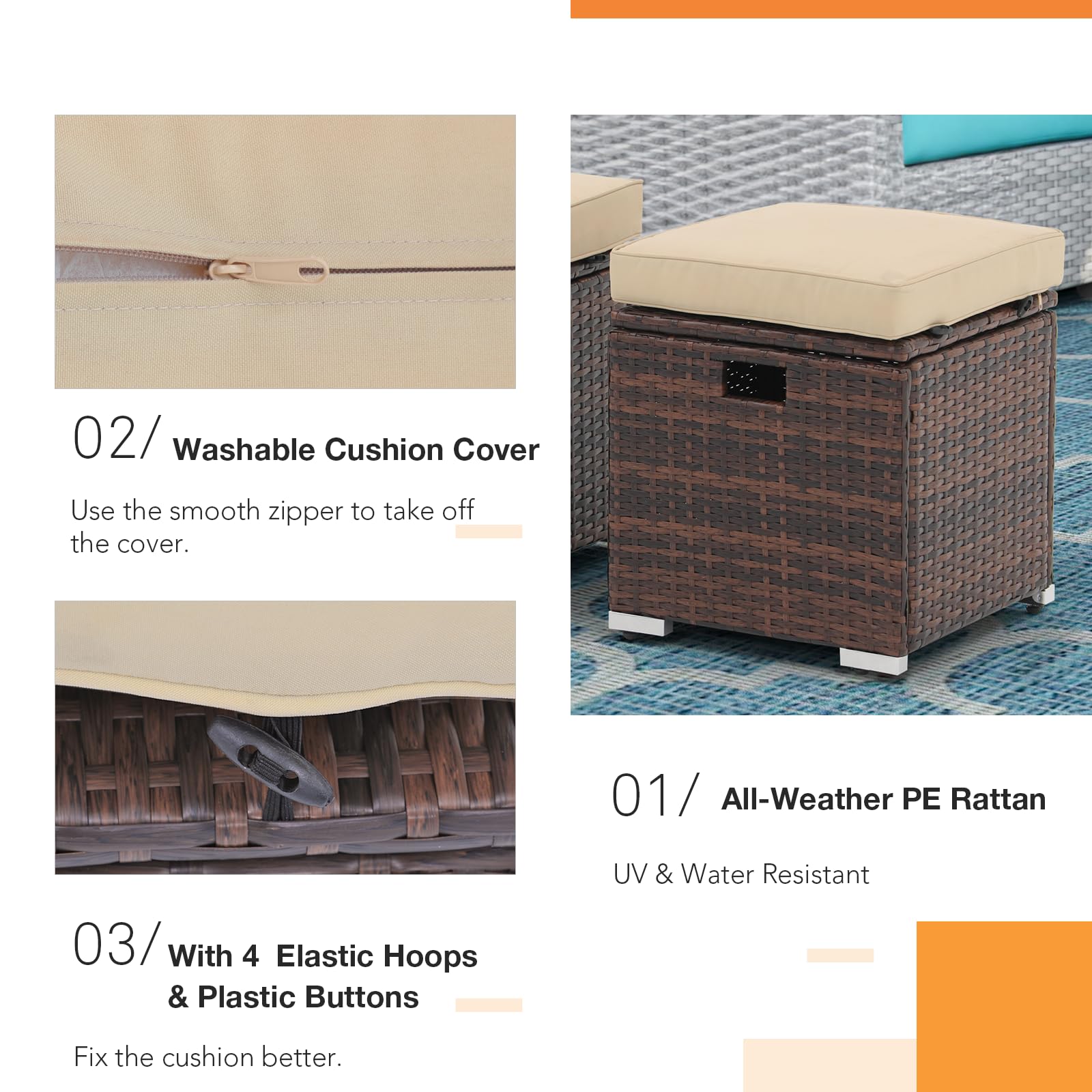 2-Piece Outdoor Patio Storage Ottoman Set - Beige Rattan Wicker