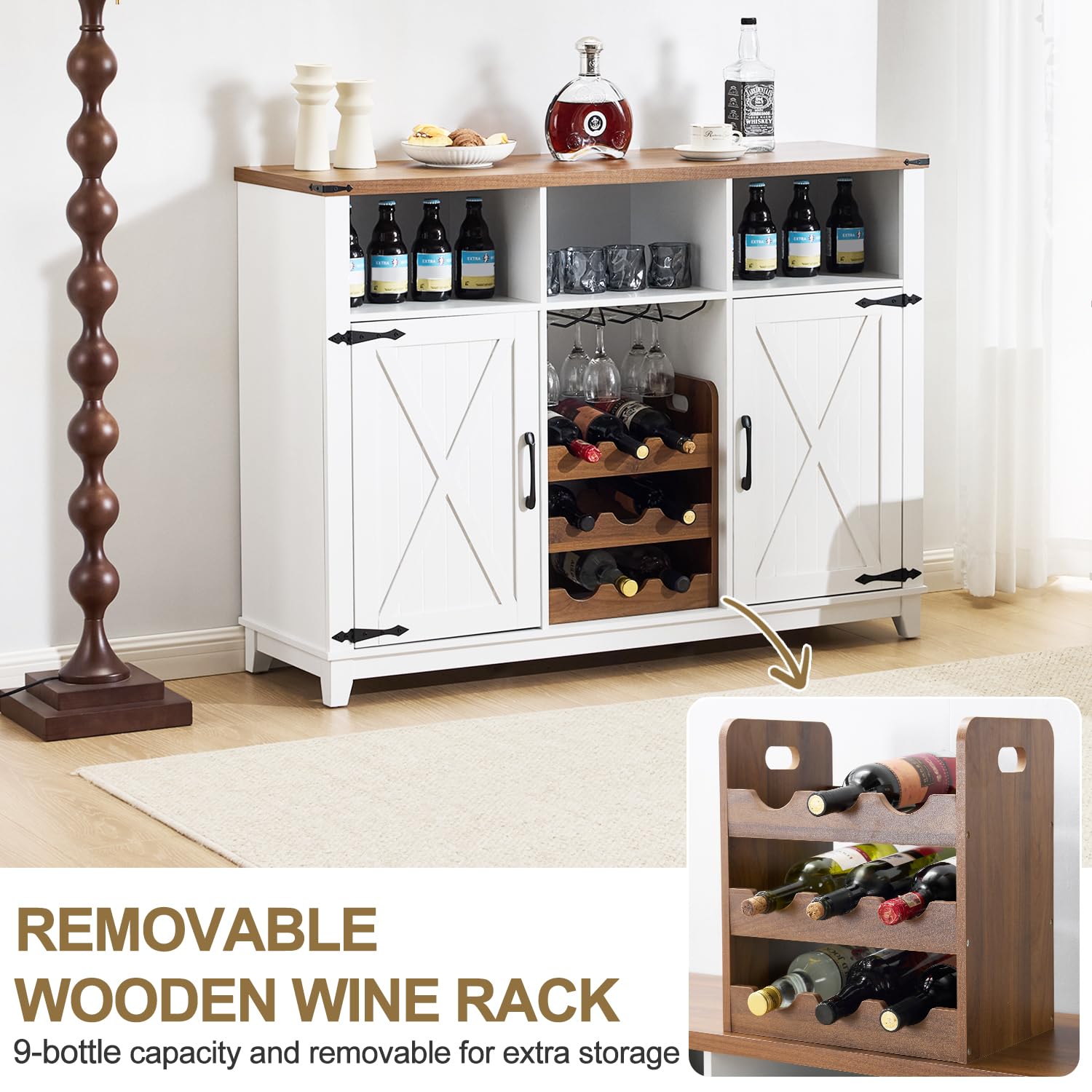 Farmhouse Wine Bar Cabinet with Detachable Wine Rack
